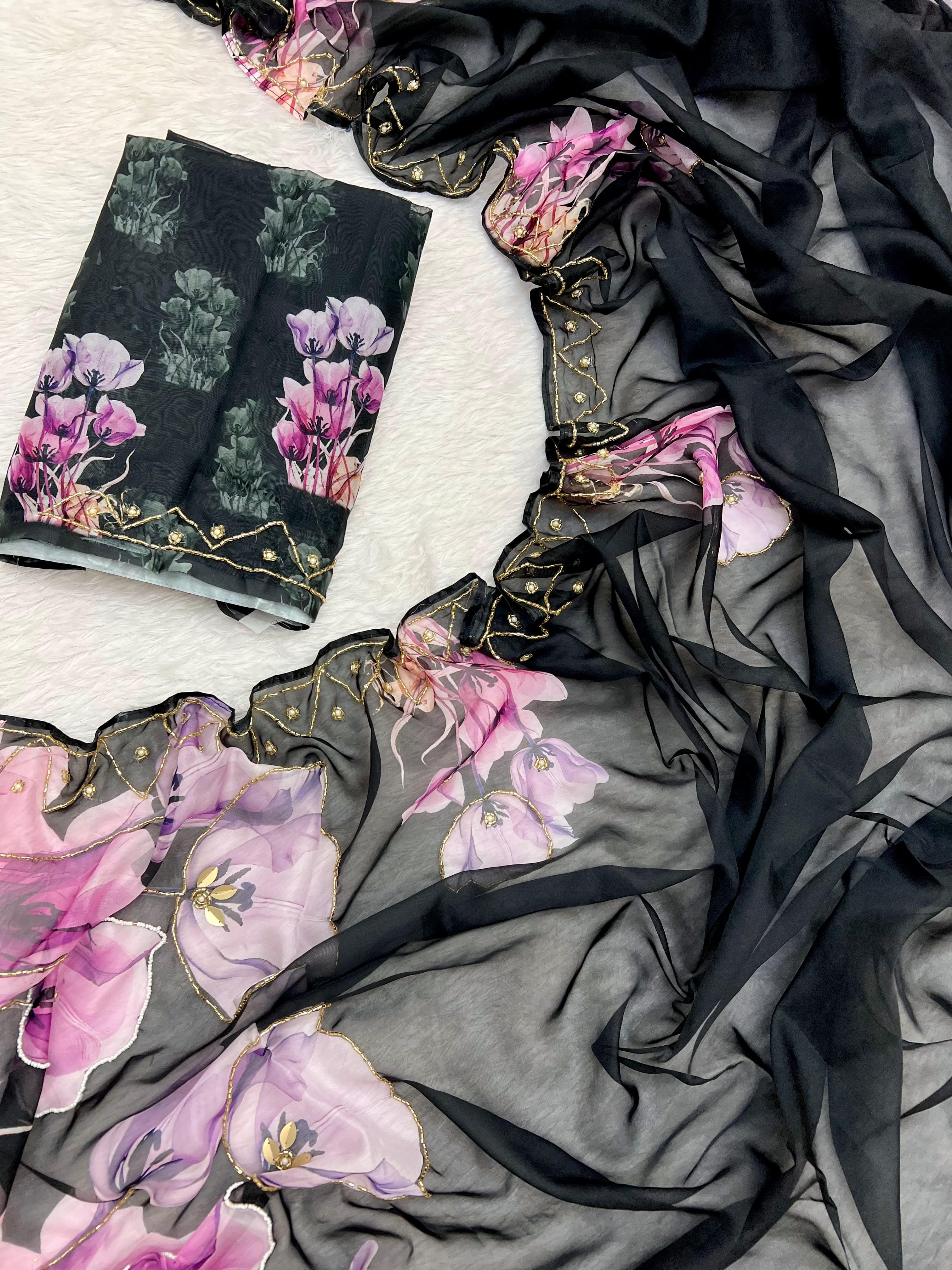 New Black Designer Soft Tebby Silk Digital print handwork Light weight sarees
