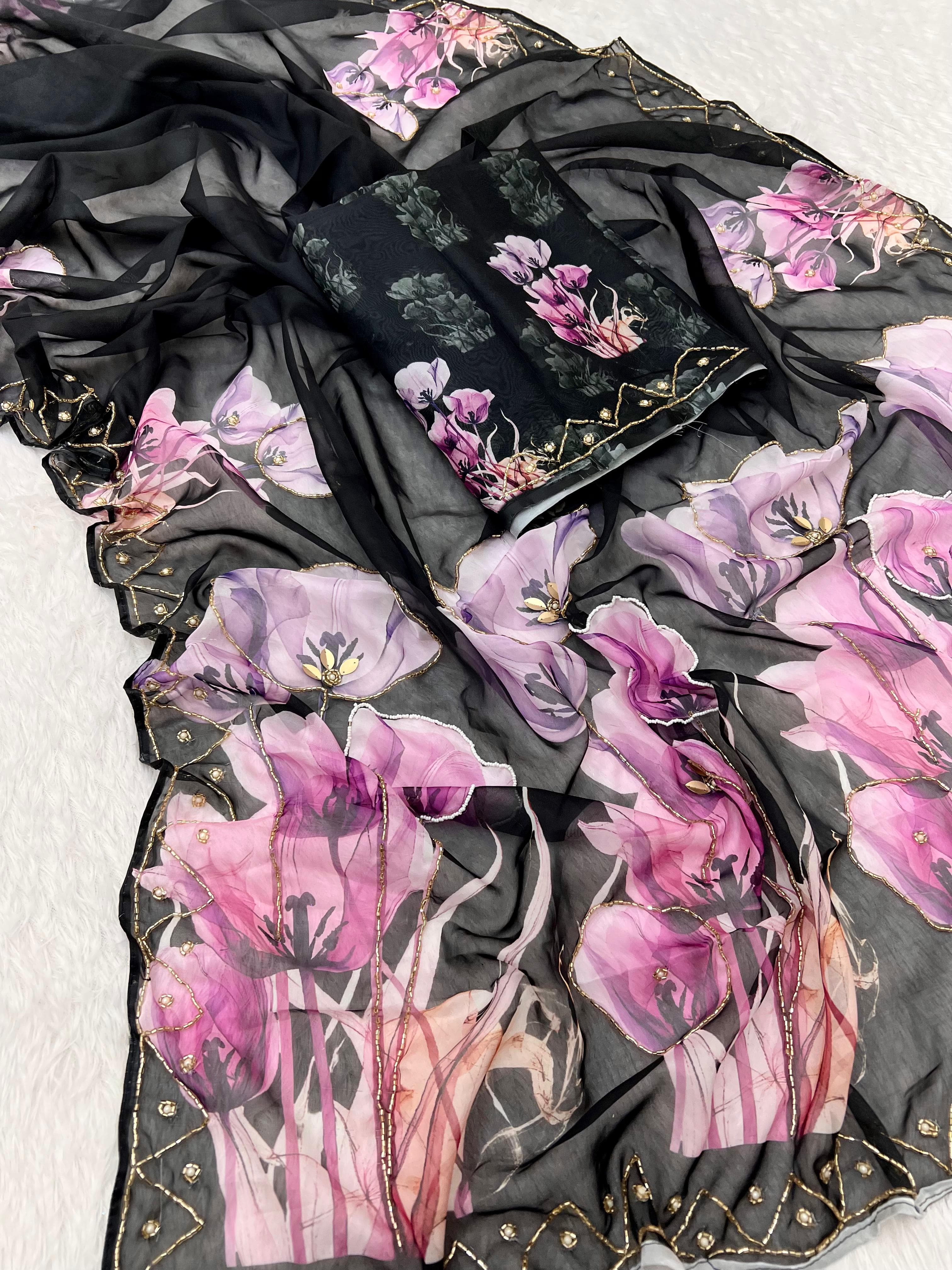 New Black Designer Soft Tebby Silk Digital print handwork Light weight sarees
