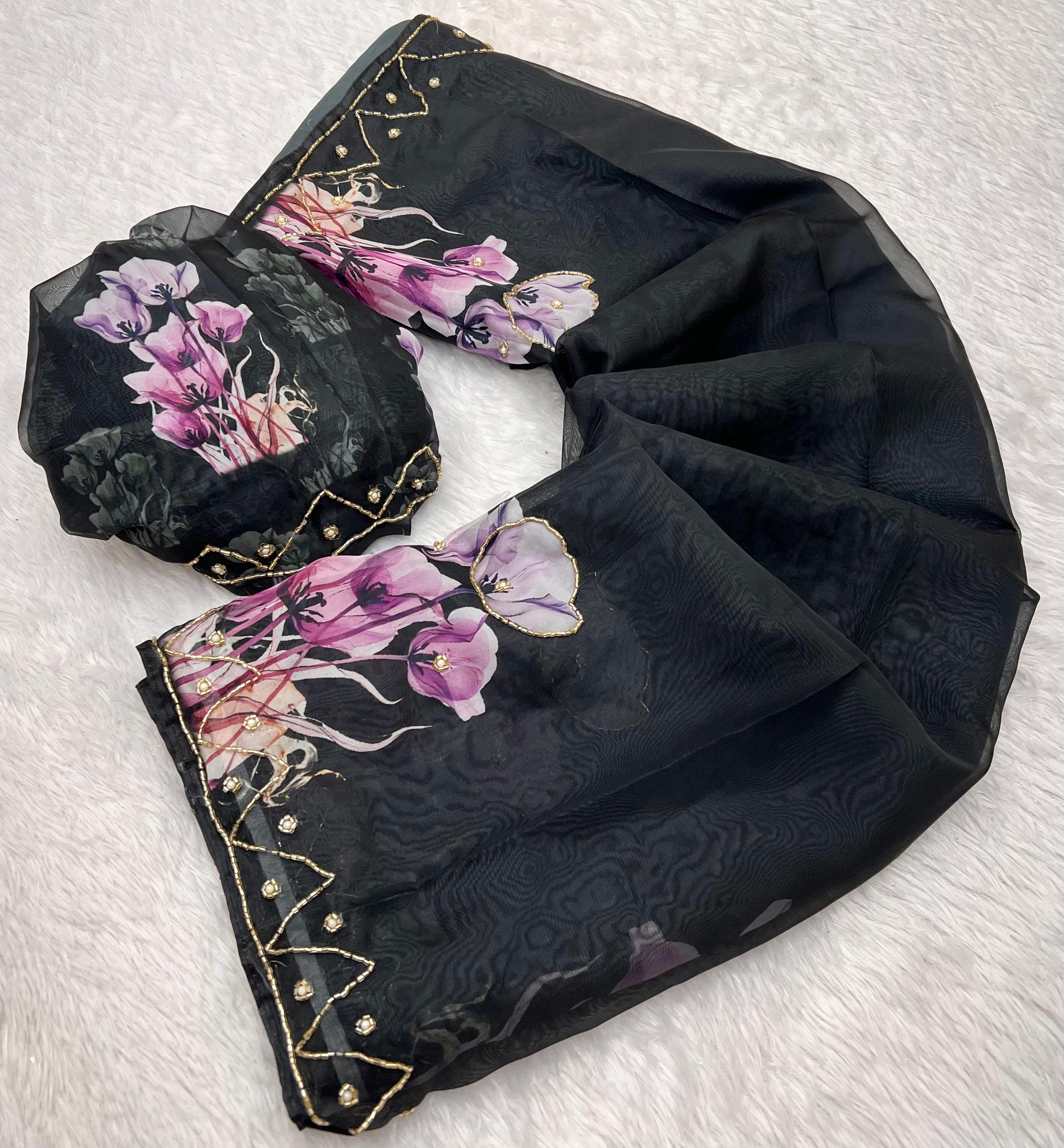 New Black Designer Soft Tebby Silk Digital print handwork Light weight sarees
