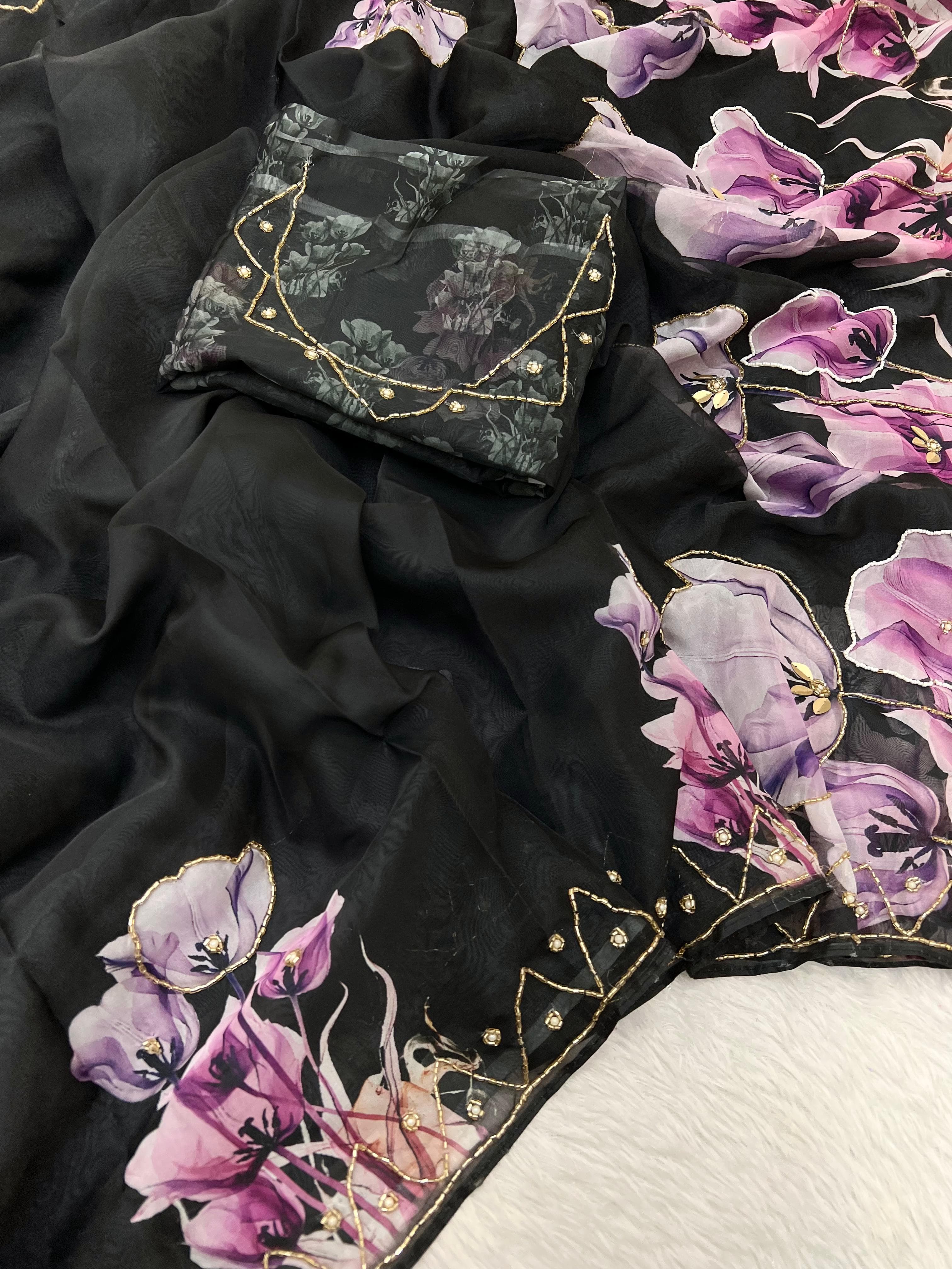 New Black Designer Soft Tebby Silk Digital print handwork Light weight sarees