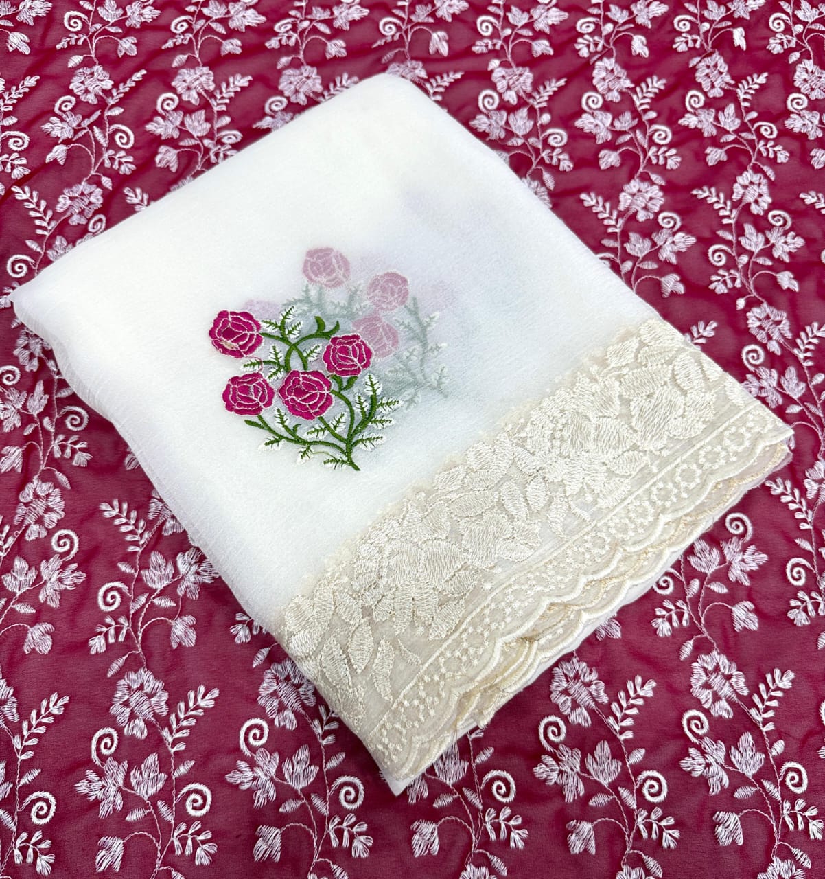 New Arrival White Designer Pure Crush Georgette Chiffon Saree