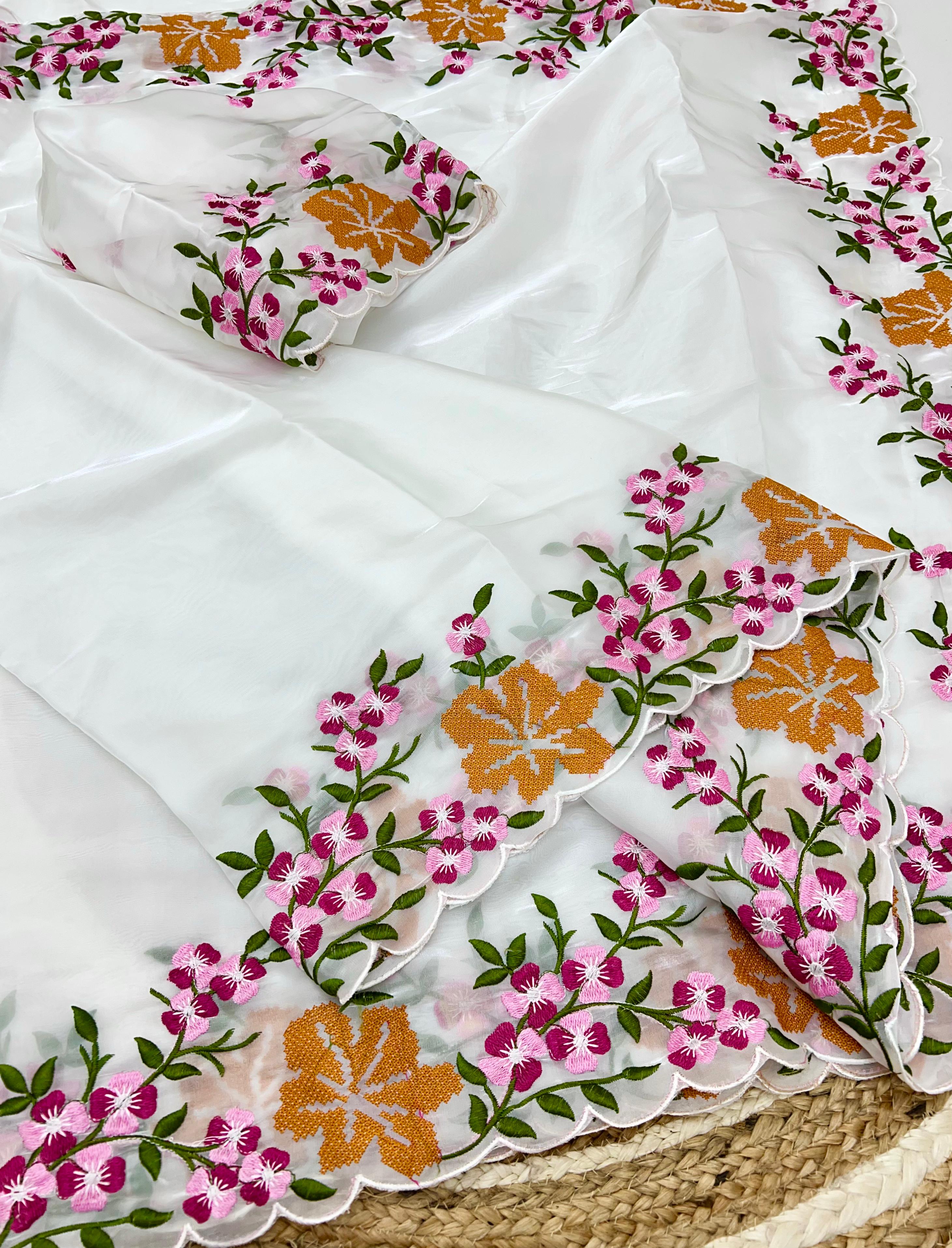 New Arrival Soft Zimmy Silk Saree with Multi-Colour Cross Stitch Work & Embroidered Jimmy Choo Blouse