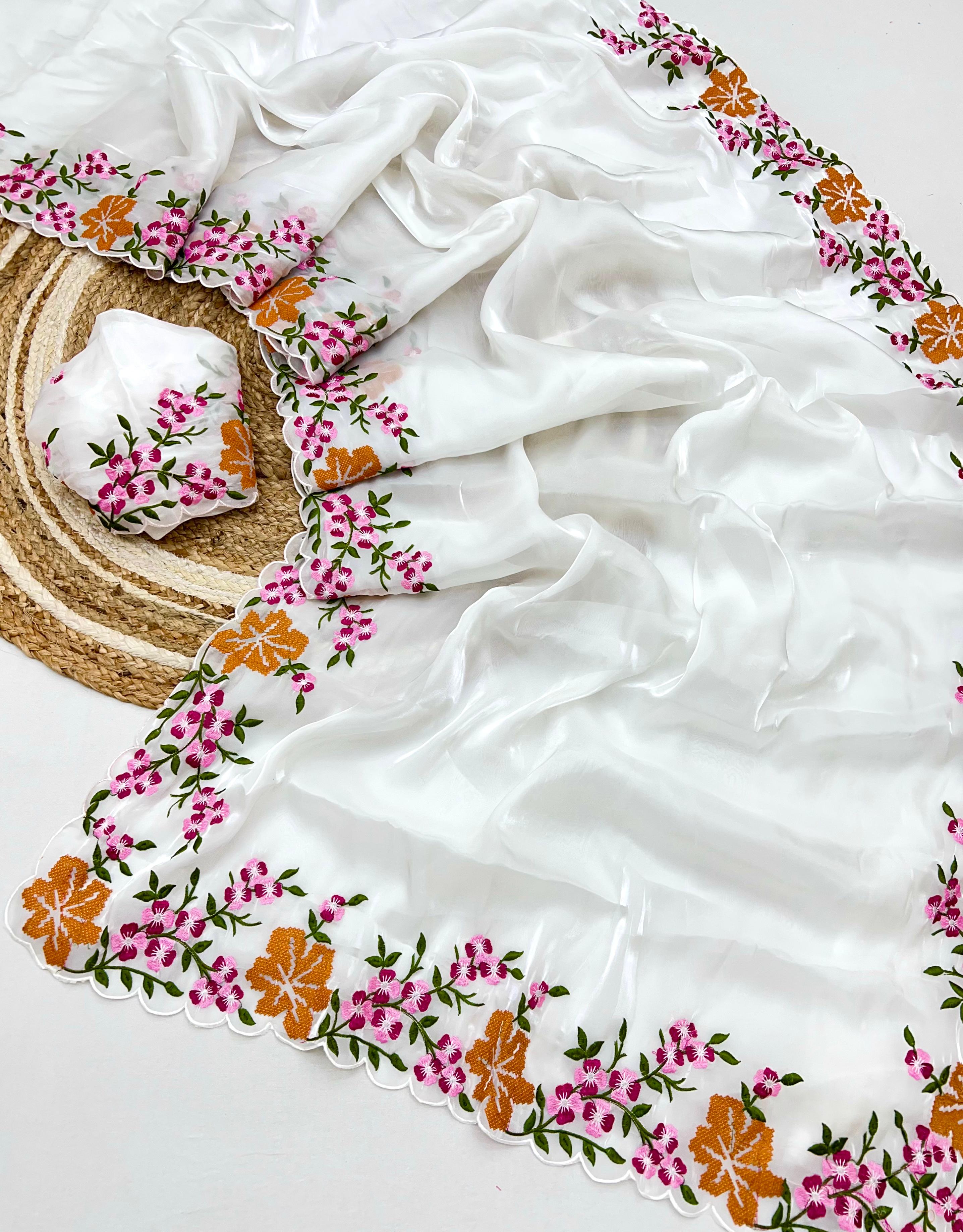 New Arrival Soft Zimmy Silk Saree with Multi-Colour Cross Stitch Work & Embroidered Jimmy Choo Blouse
