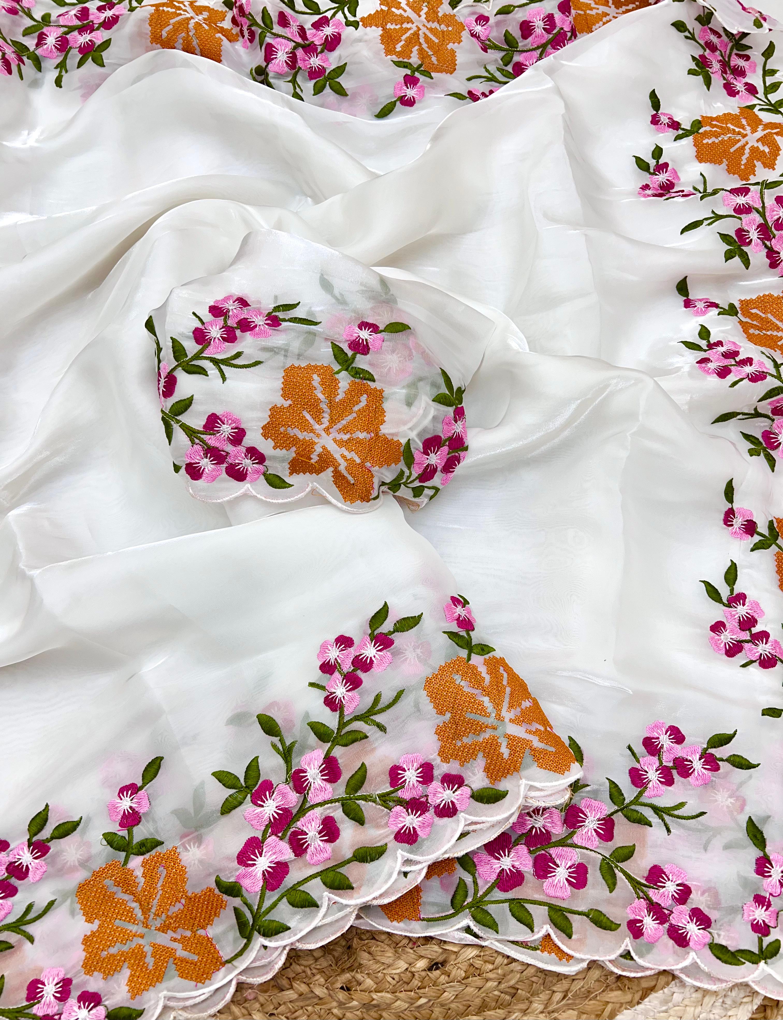 New Arrival Soft Zimmy Silk Saree with Multi-Colour Cross Stitch Work & Embroidered Jimmy Choo Blouse