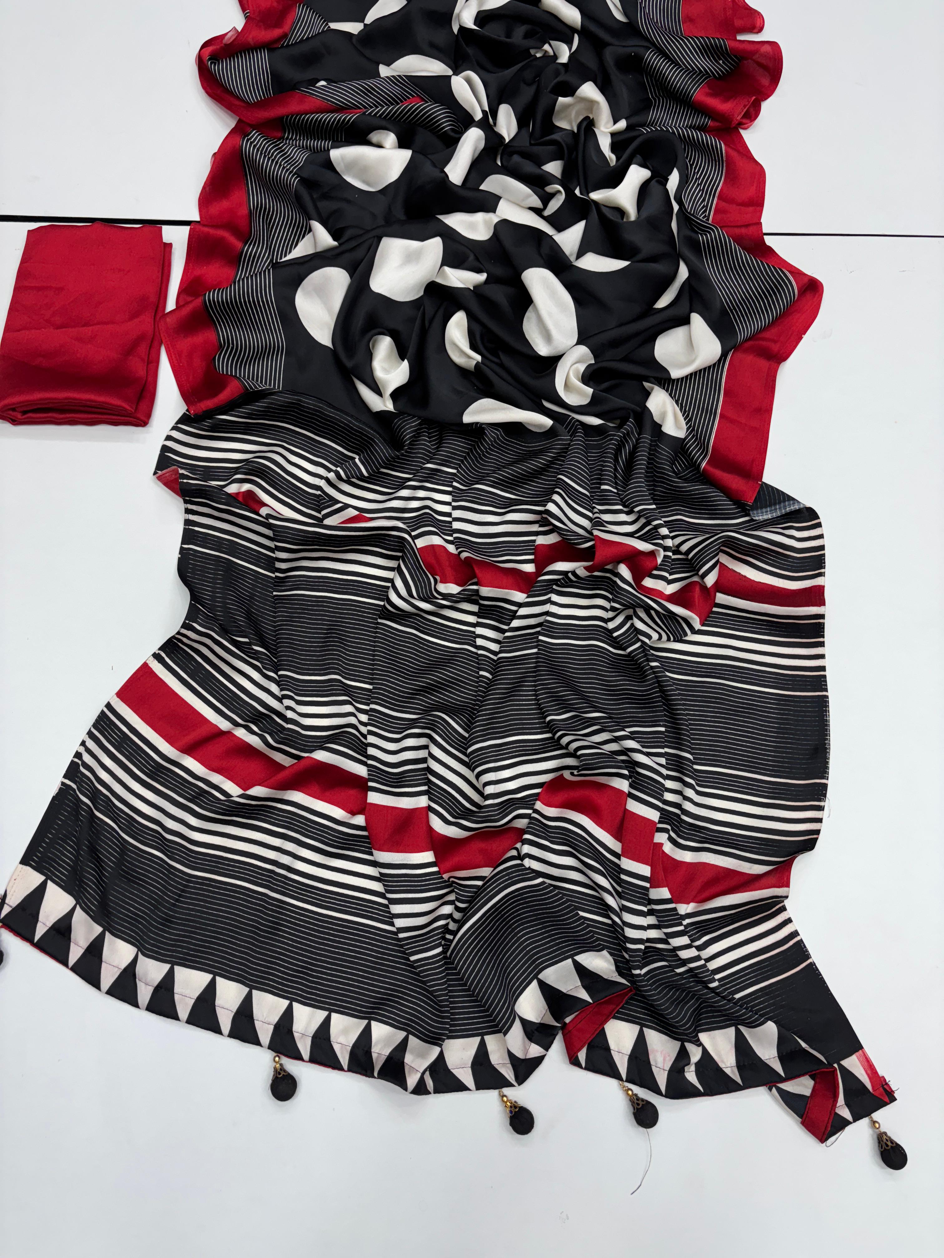 New Function Wear Pure Satin Soft Silk Print With Tussles Work Fancy Designer Saree With Blouse