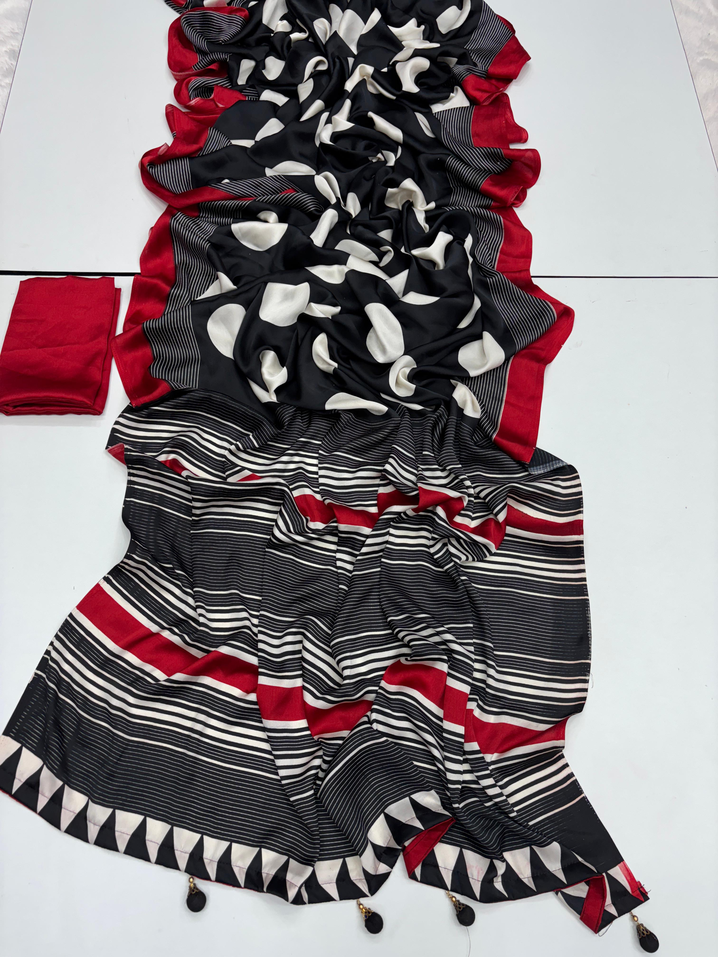 New Function Wear Pure Satin Soft Silk Print With Tussles Work Fancy Designer Saree With Blouse