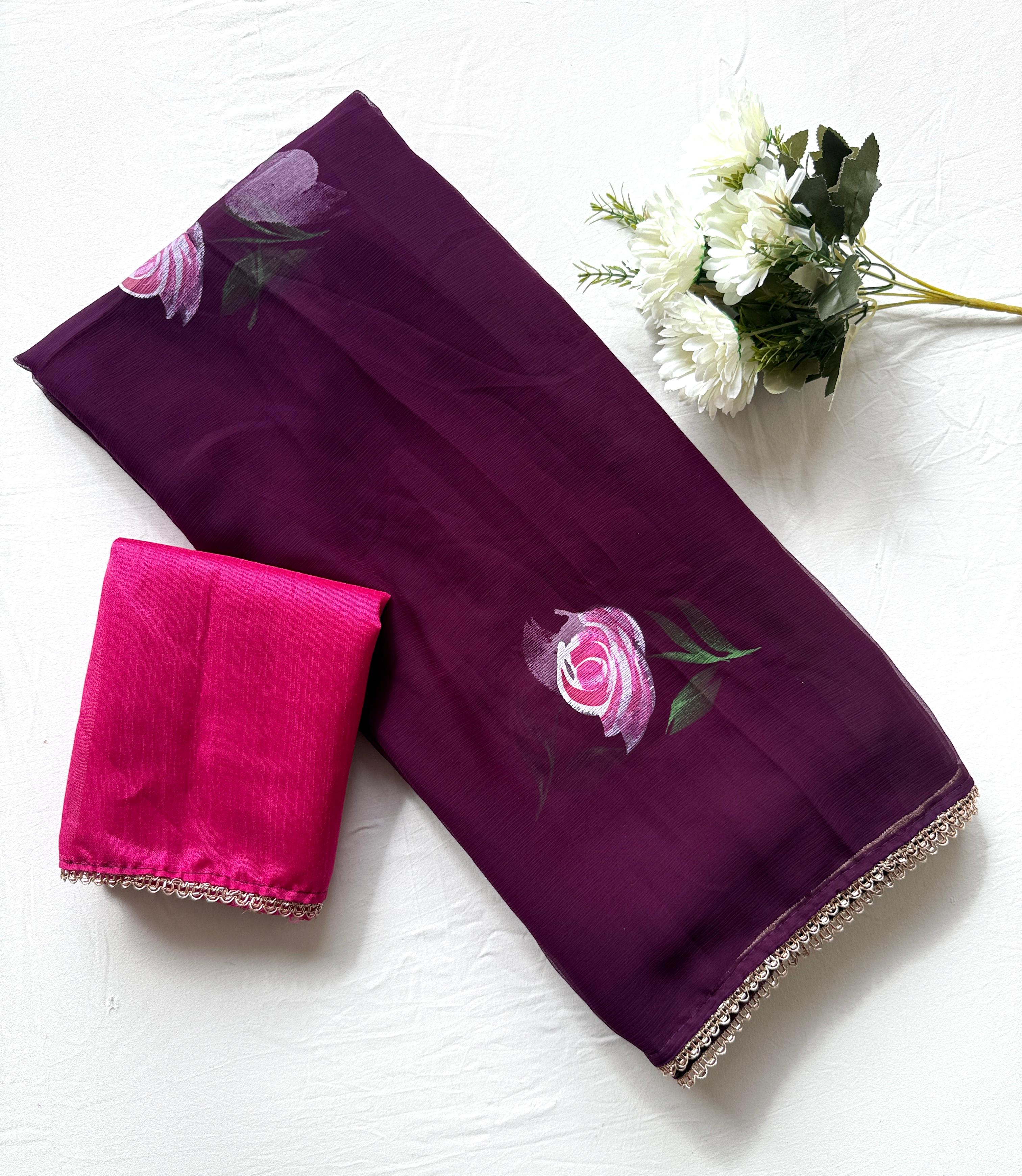 New Designer Soft Chiffon Fabric With Beautiful Floral Handbrush Print With Golden Wal Handwork Border And Contrast Art Silk Blouse