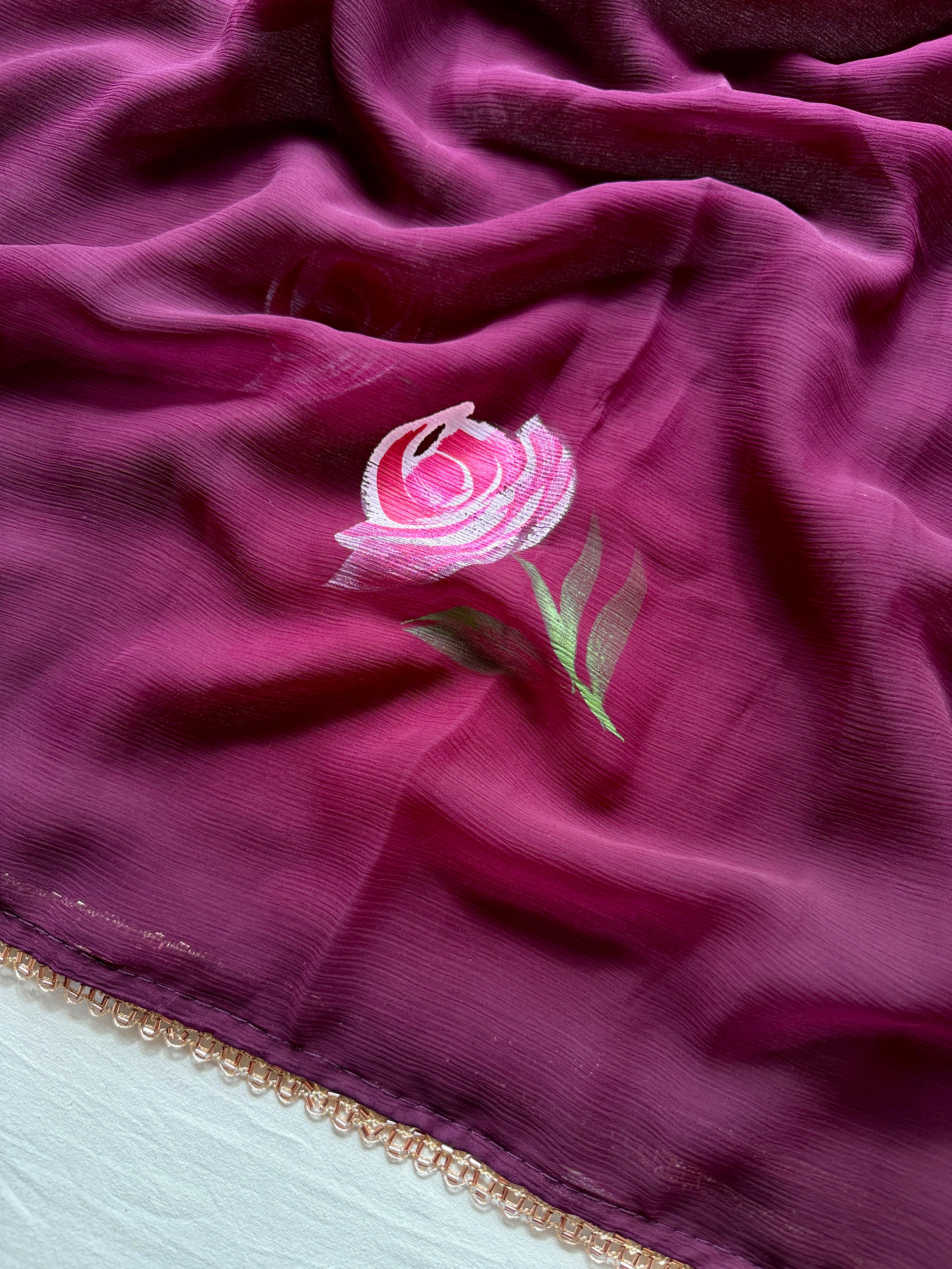 New Designer Soft Chiffon Fabric With Beautiful Floral Handbrush Print With Golden Wal Handwork Border And Contrast Art Silk Blouse