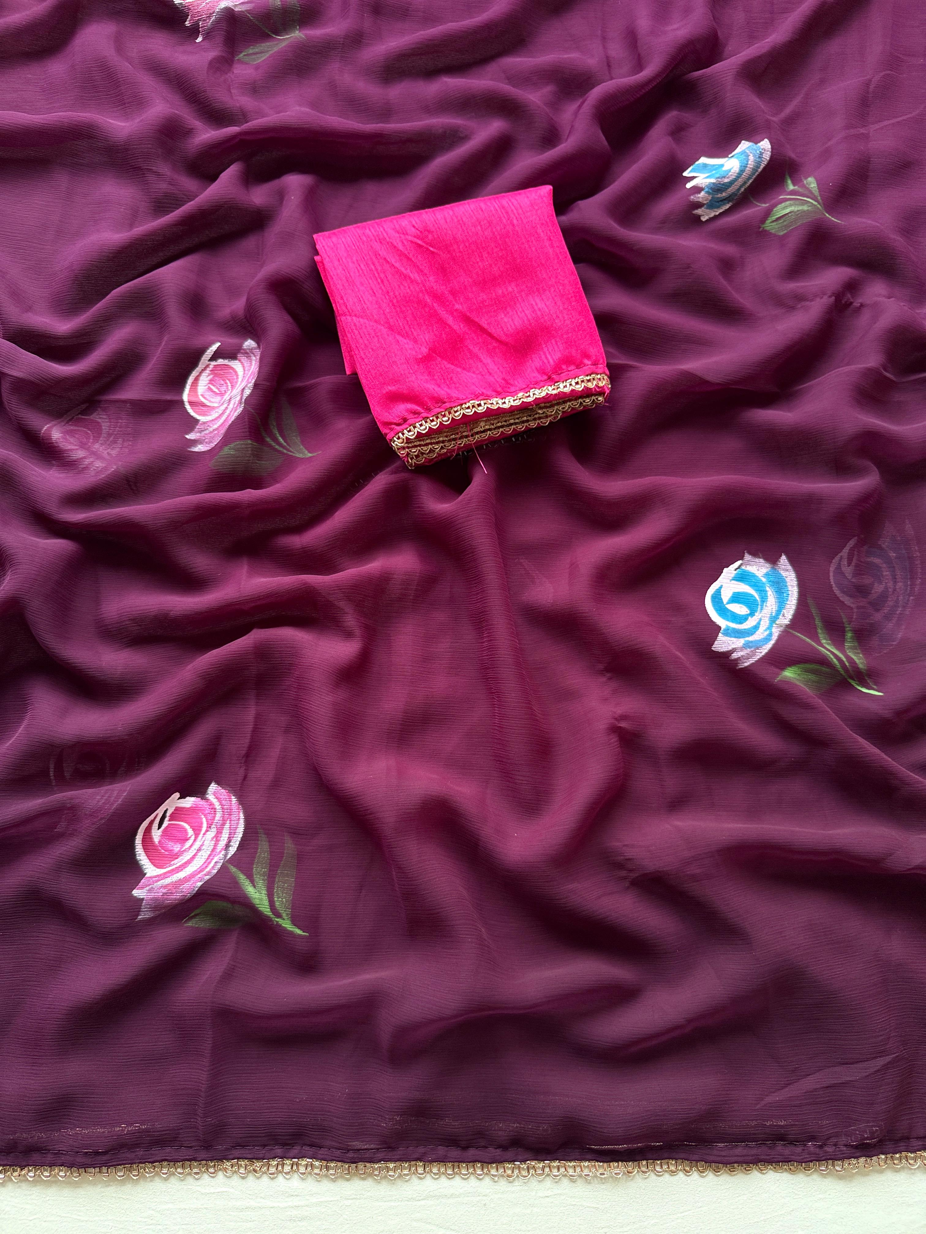 New Designer Soft Chiffon Fabric With Beautiful Floral Handbrush Print With Golden Wal Handwork Border And Contrast Art Silk Blouse