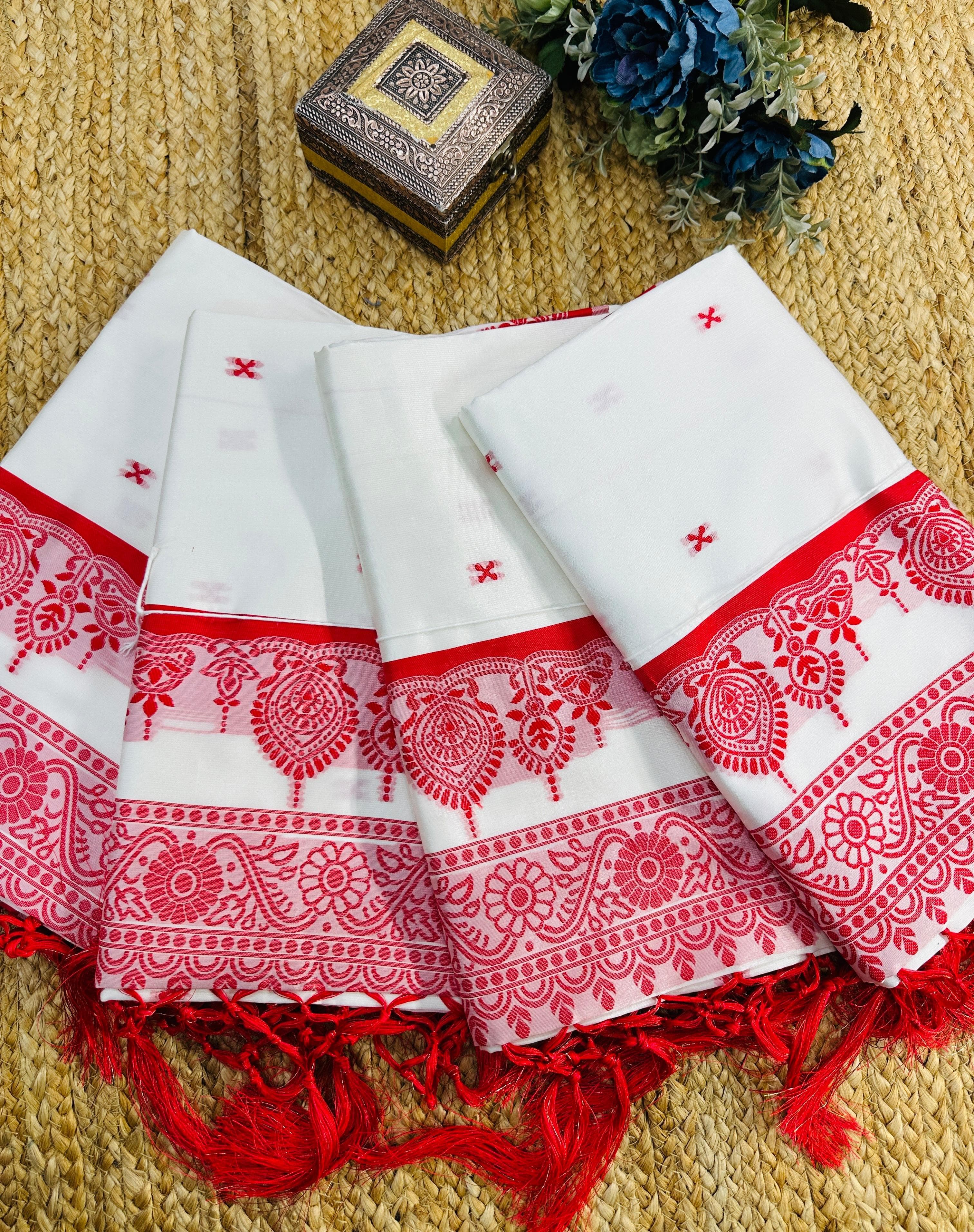 New White And Red Designer Pure Bengali Silk Saree