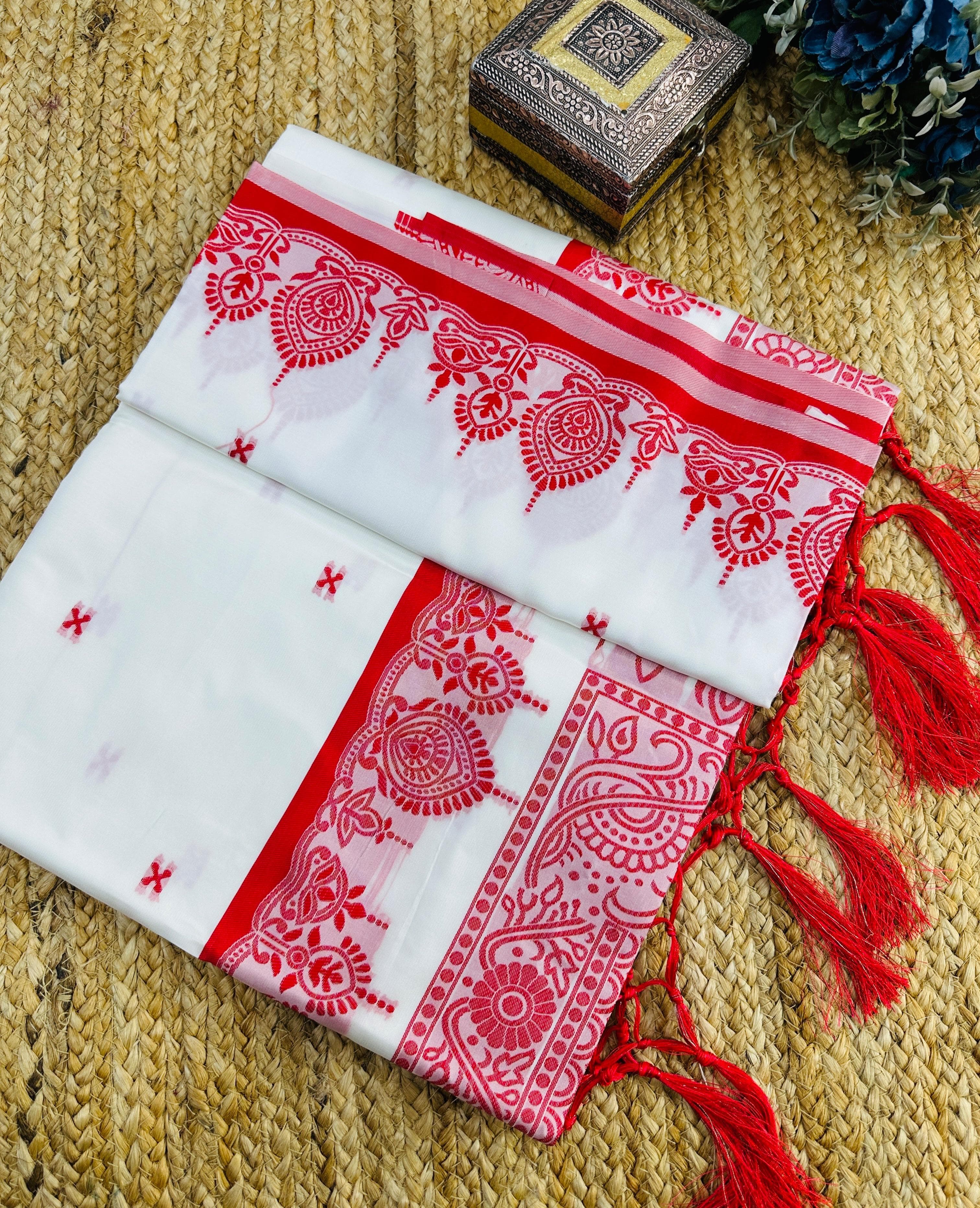 New White And Red Designer Pure Bengali Silk Saree
