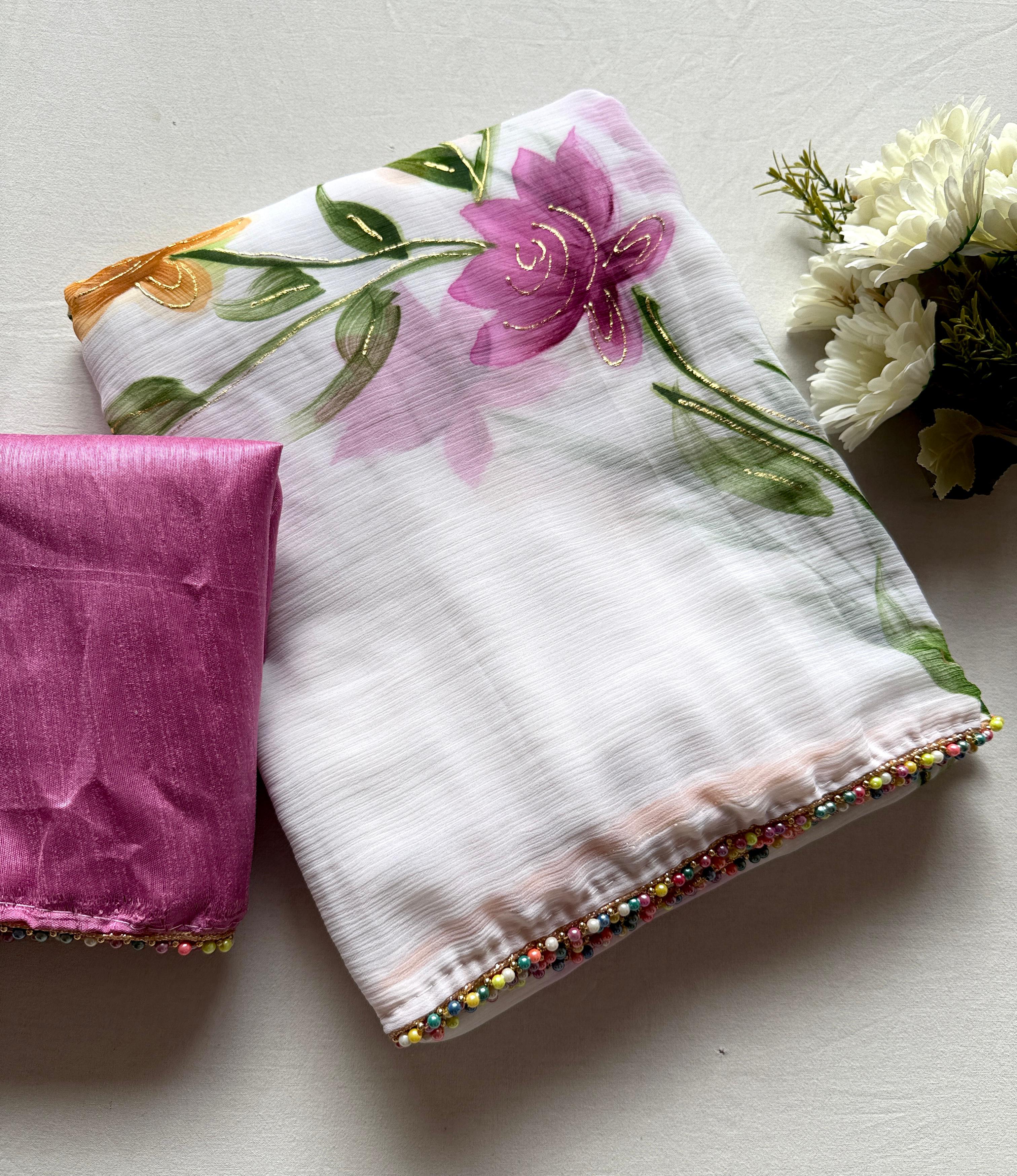 White Color Soft Chiffon Handbrush floral print With Fancy Multi-Color Moti Lace