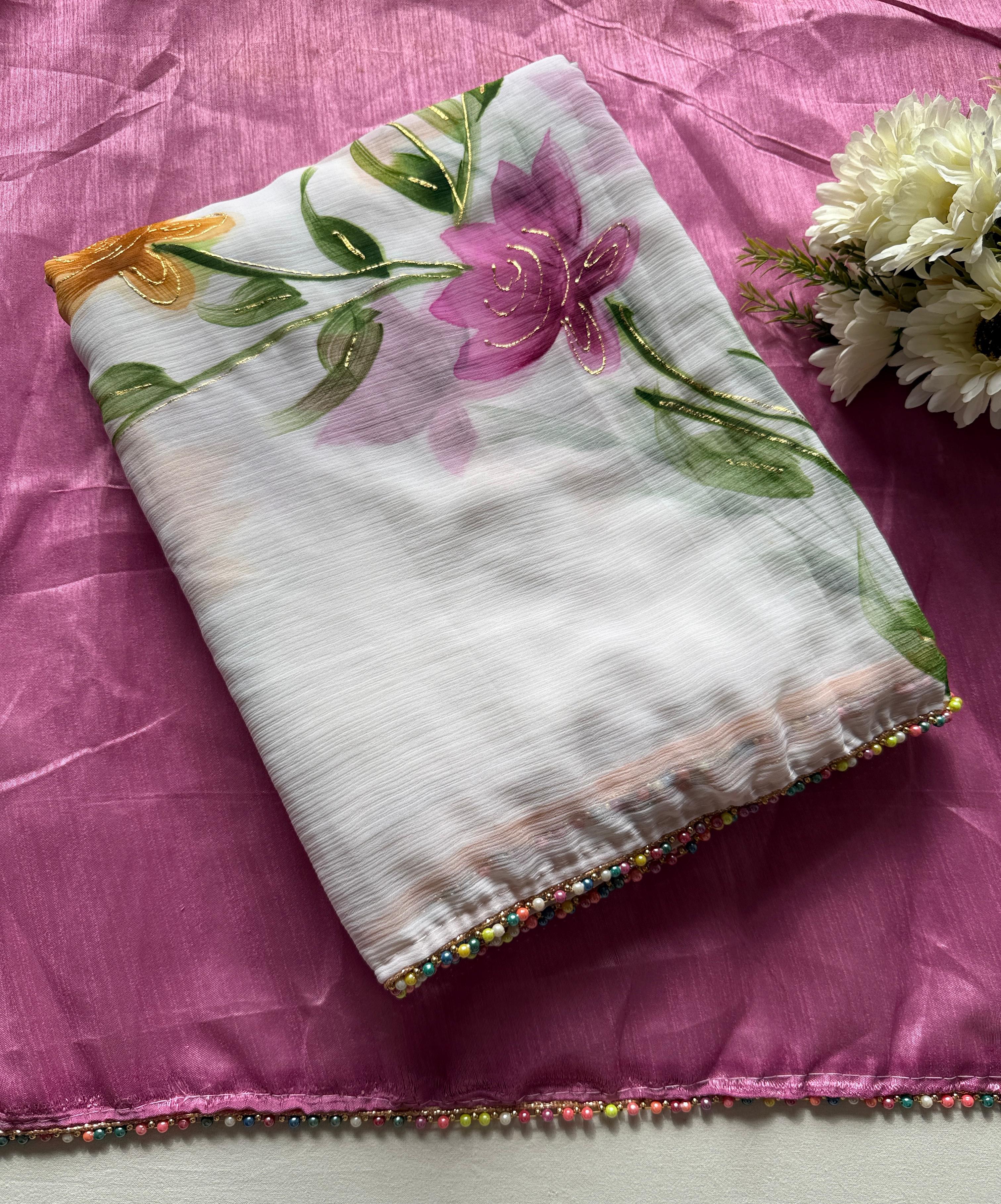 White Color Soft Chiffon Handbrush floral print With Fancy Multi-Color Moti Lace