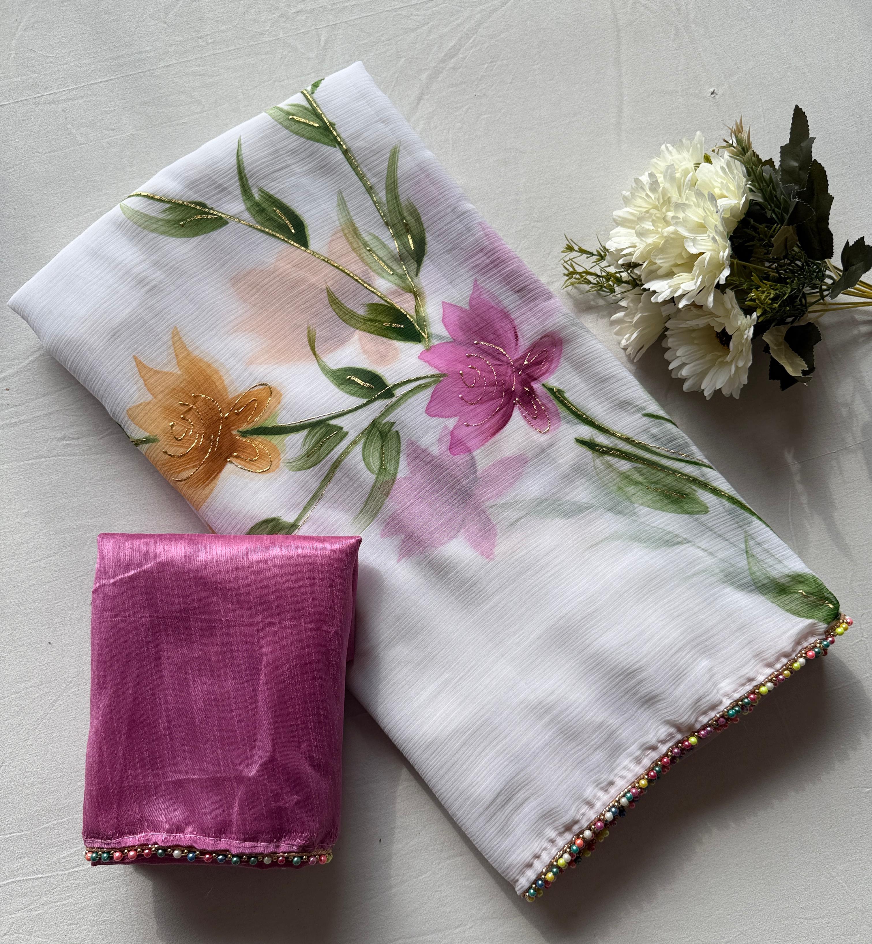 White Color Soft Chiffon Handbrush floral print With Fancy Multi-Color Moti Lace