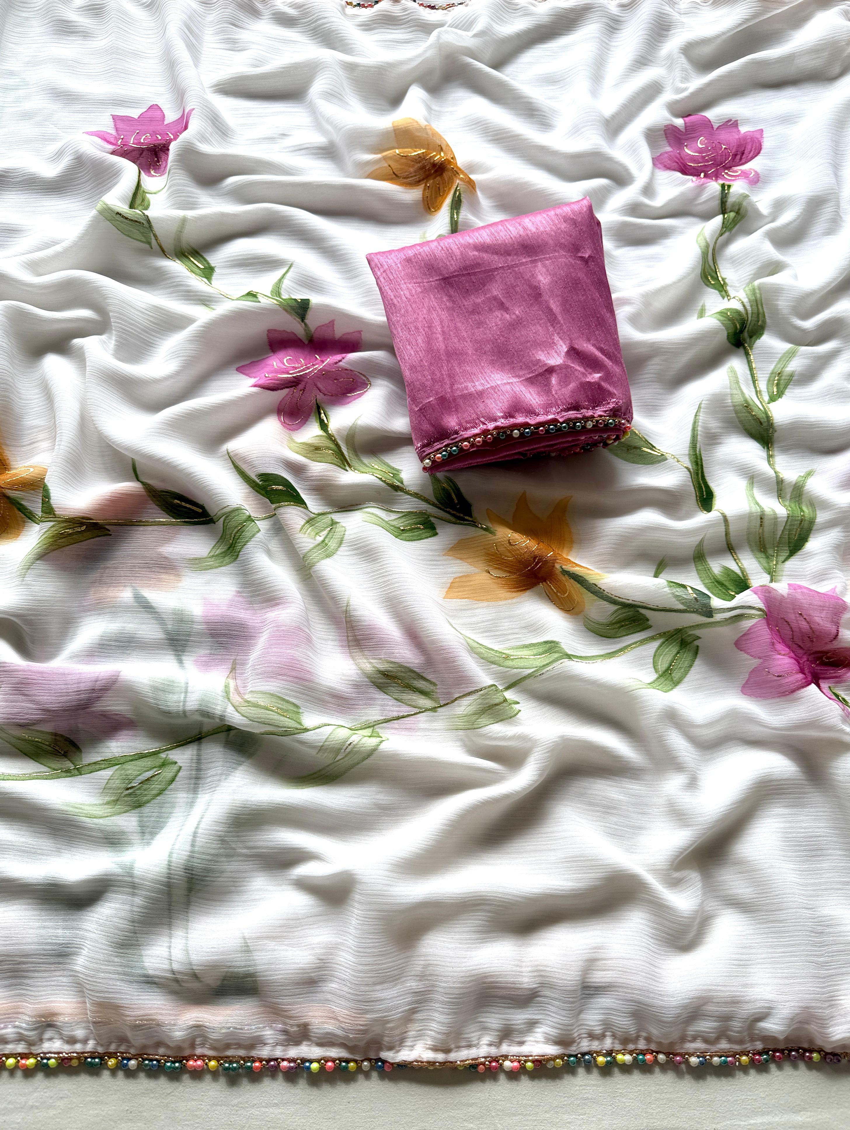 White Color Soft Chiffon Handbrush floral print With Fancy Multi-Color Moti Lace