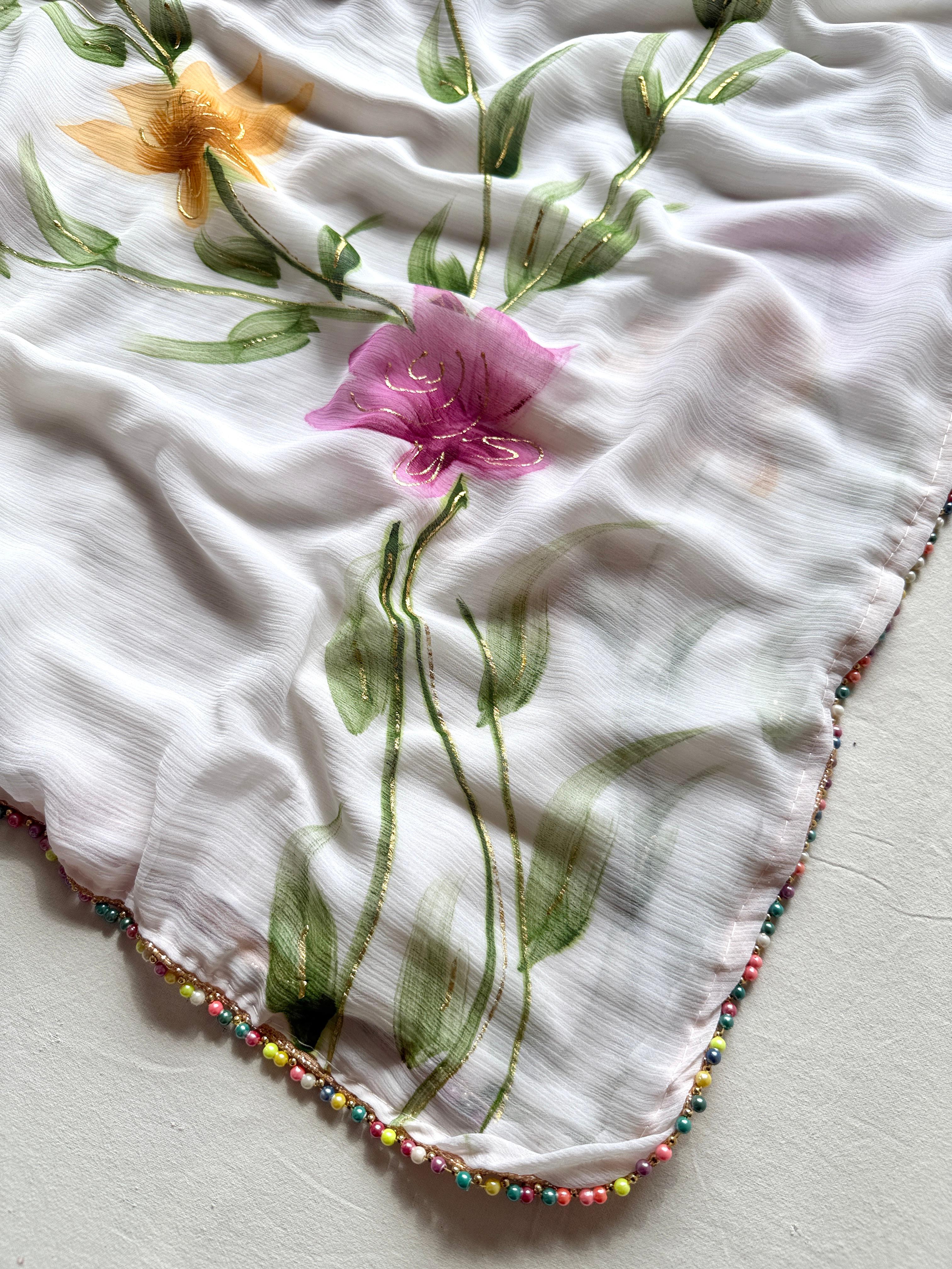White Color Soft Chiffon Handbrush floral print With Fancy Multi-Color Moti Lace