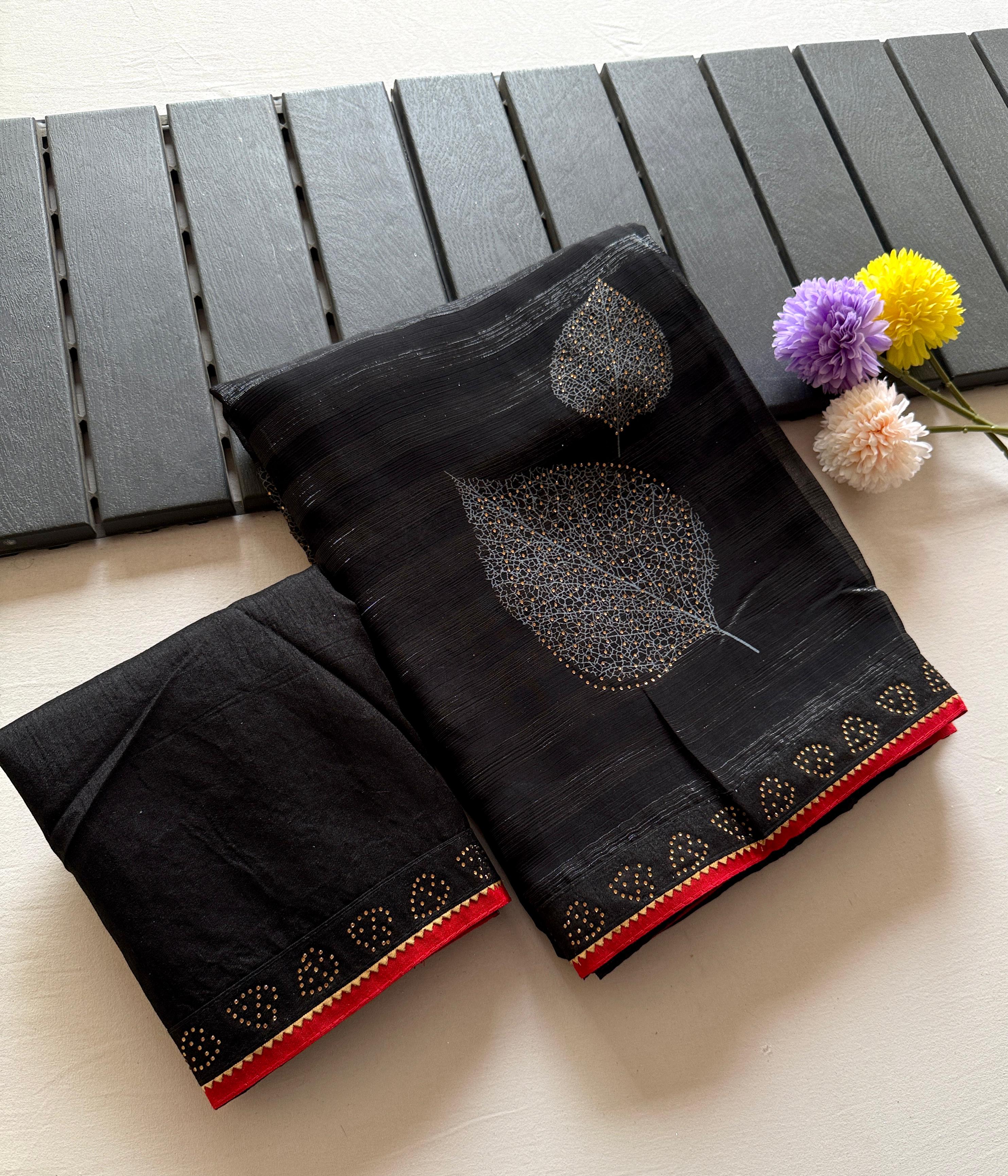New Desogner Rim Zim Georgette Fabric Big Leaf Full Siroski Work With Siroski Less Patti Bordar And Jaquard Weaving Blouse