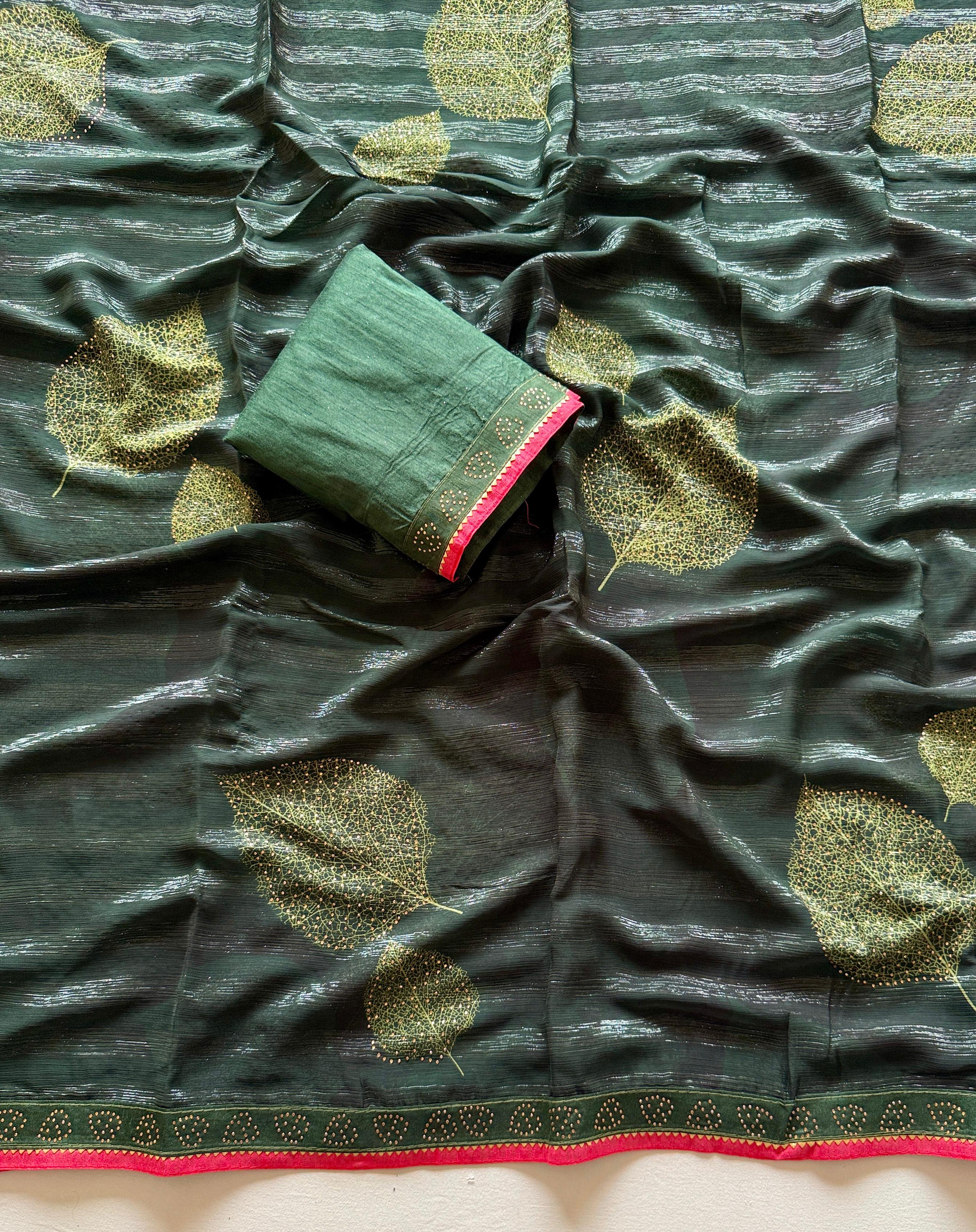 New Desogner Rim Zim Georgette Fabric Big Leaf Full Siroski Work With Siroski Less Patti Bordar And Jaquard Weaving Blouse