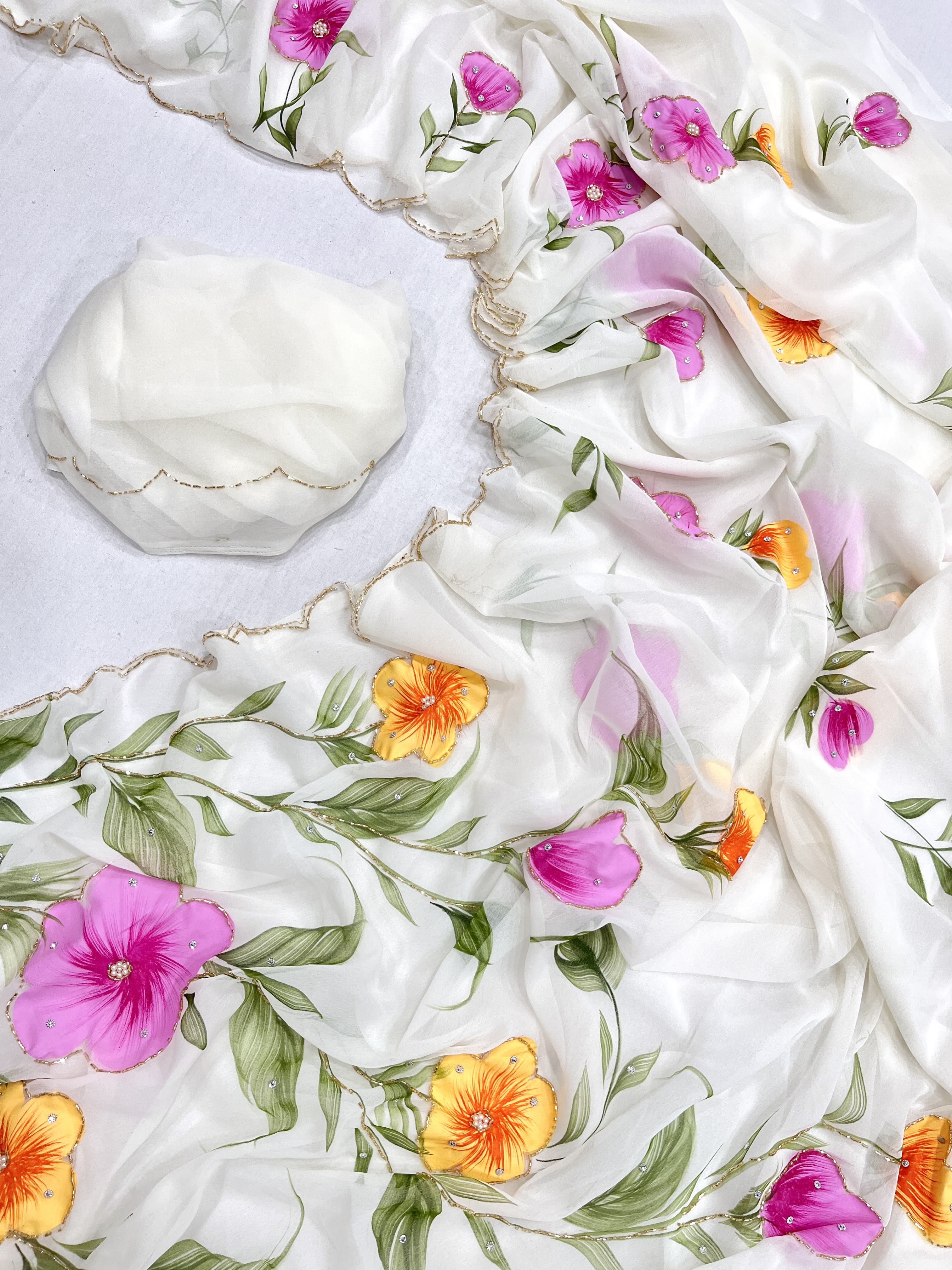 White Designer Pure Georgette Handbrush Floral Khatli Handwork Saree
