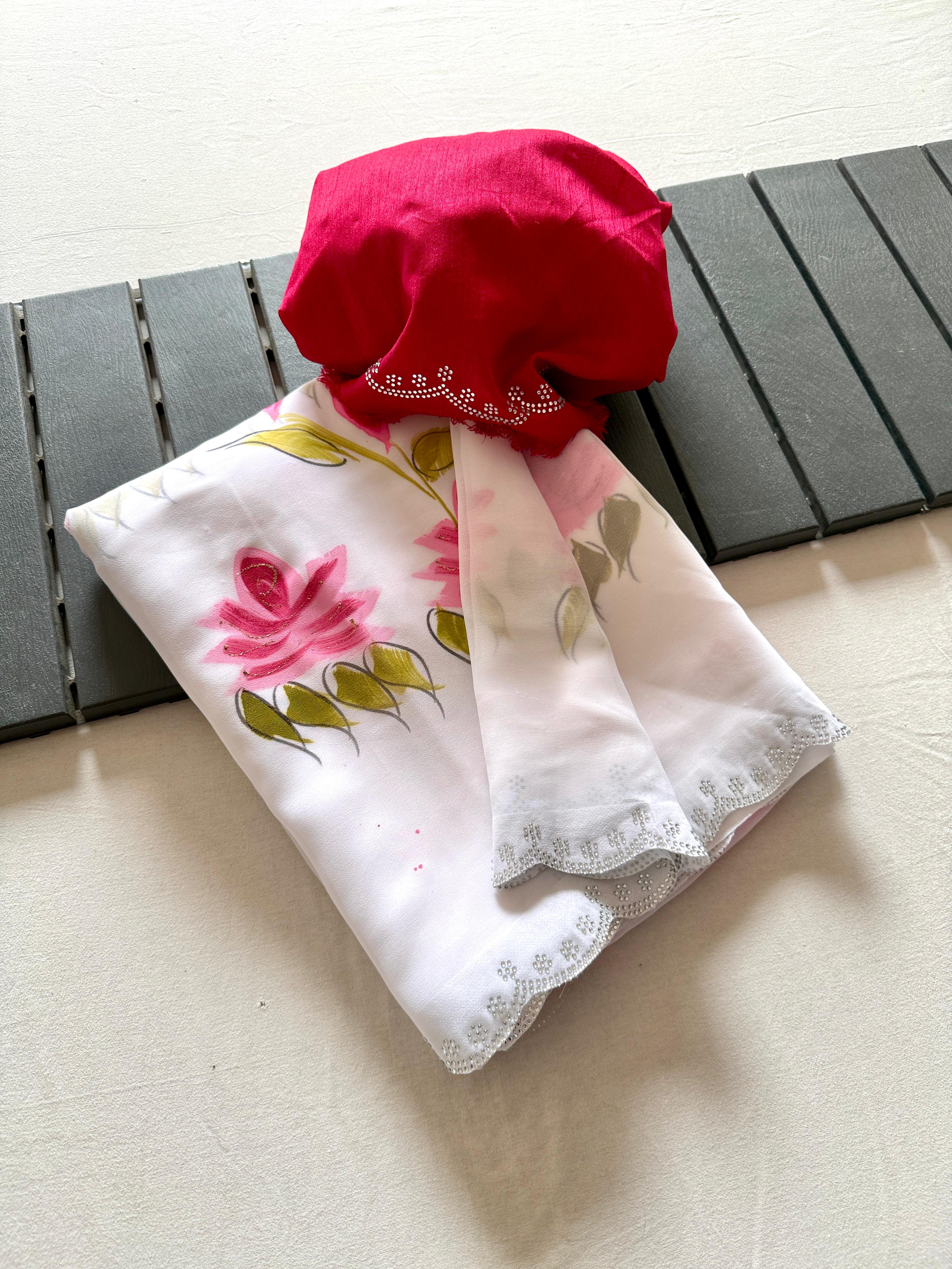 Beautiful Wedding Wear  Soft Georgette Fabric With Lotus Handbrush Print With Siroski Cutwork Bordar And Contrast Art Silk Blouse