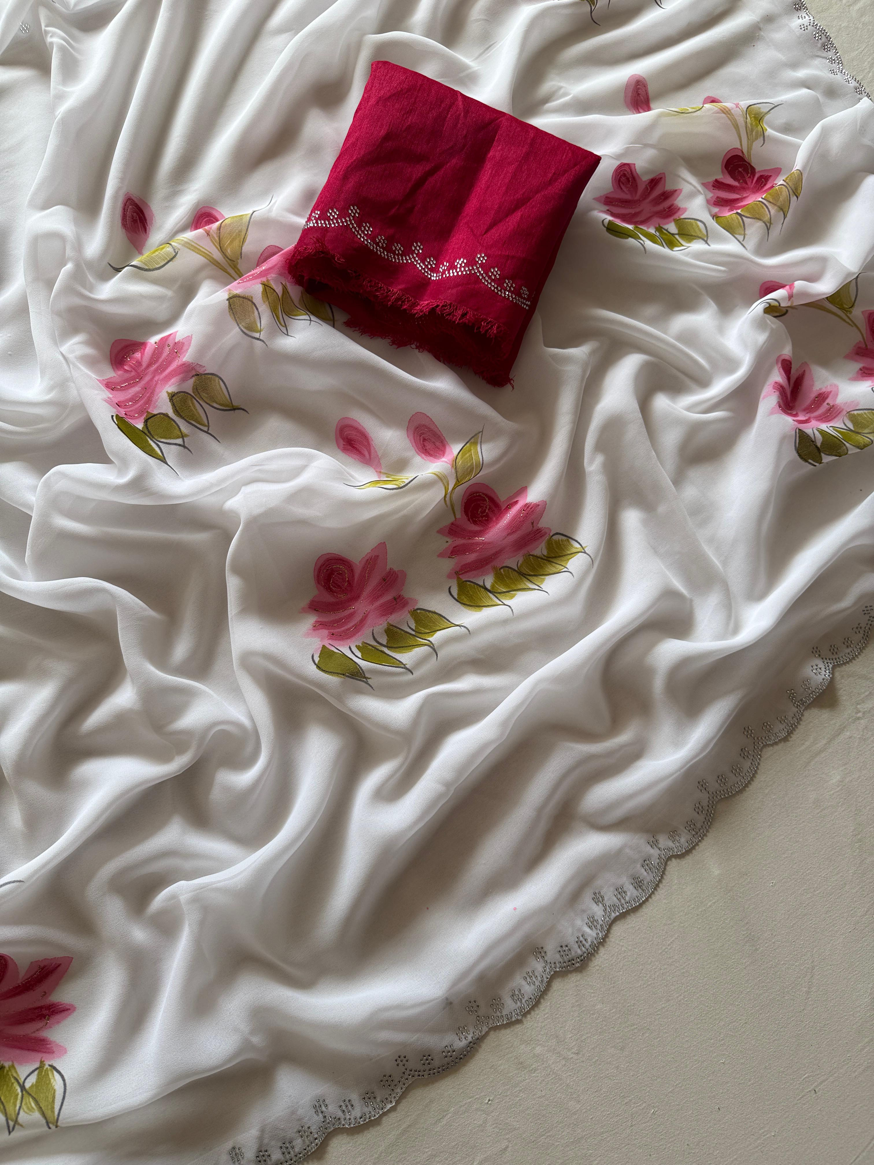 Beautiful Wedding Wear  Soft Georgette Fabric With Lotus Handbrush Print With Siroski Cutwork Bordar And Contrast Art Silk Blouse
