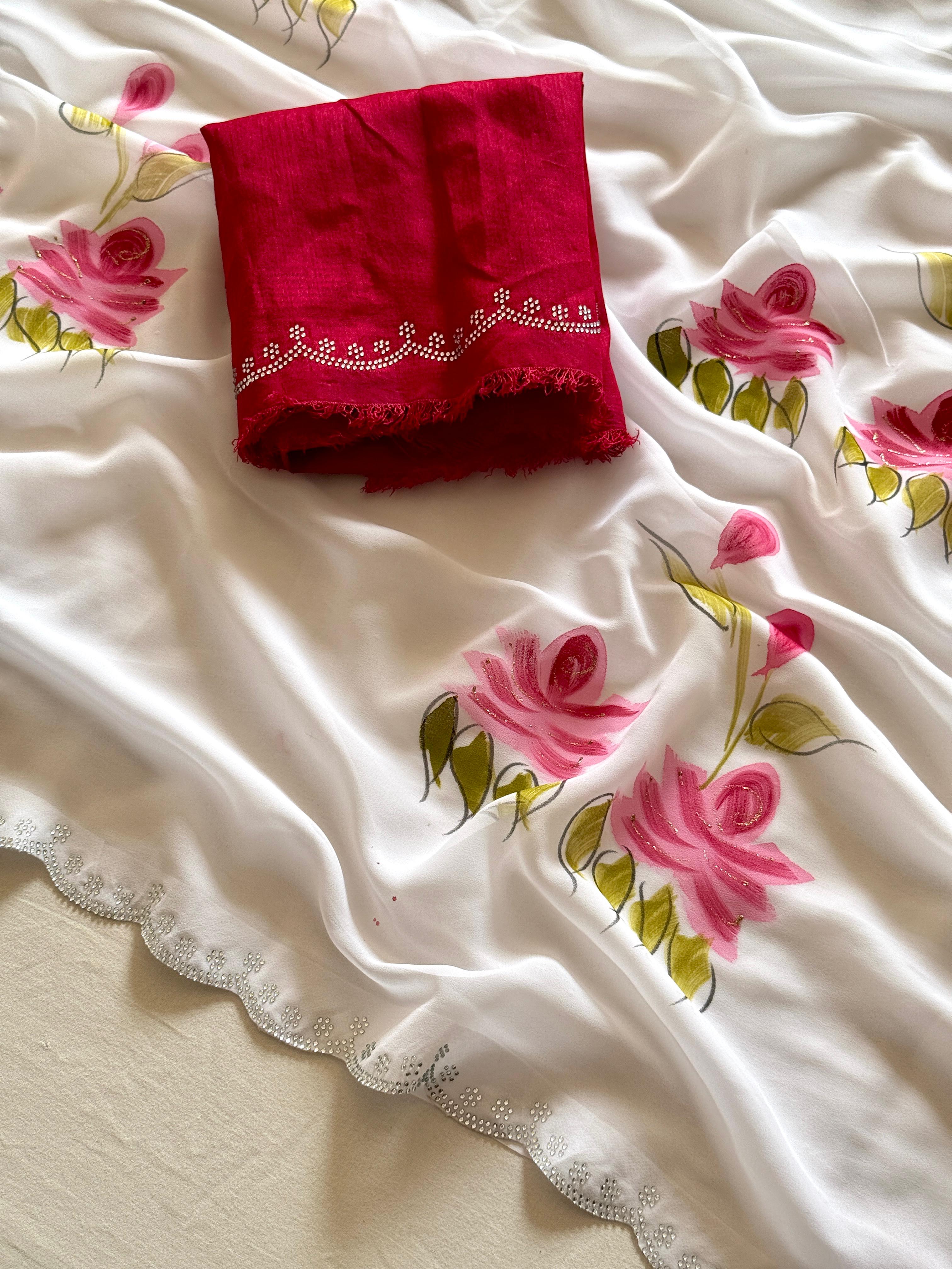 Beautiful Wedding Wear  Soft Georgette Fabric With Lotus Handbrush Print With Siroski Cutwork Bordar And Contrast Art Silk Blouse