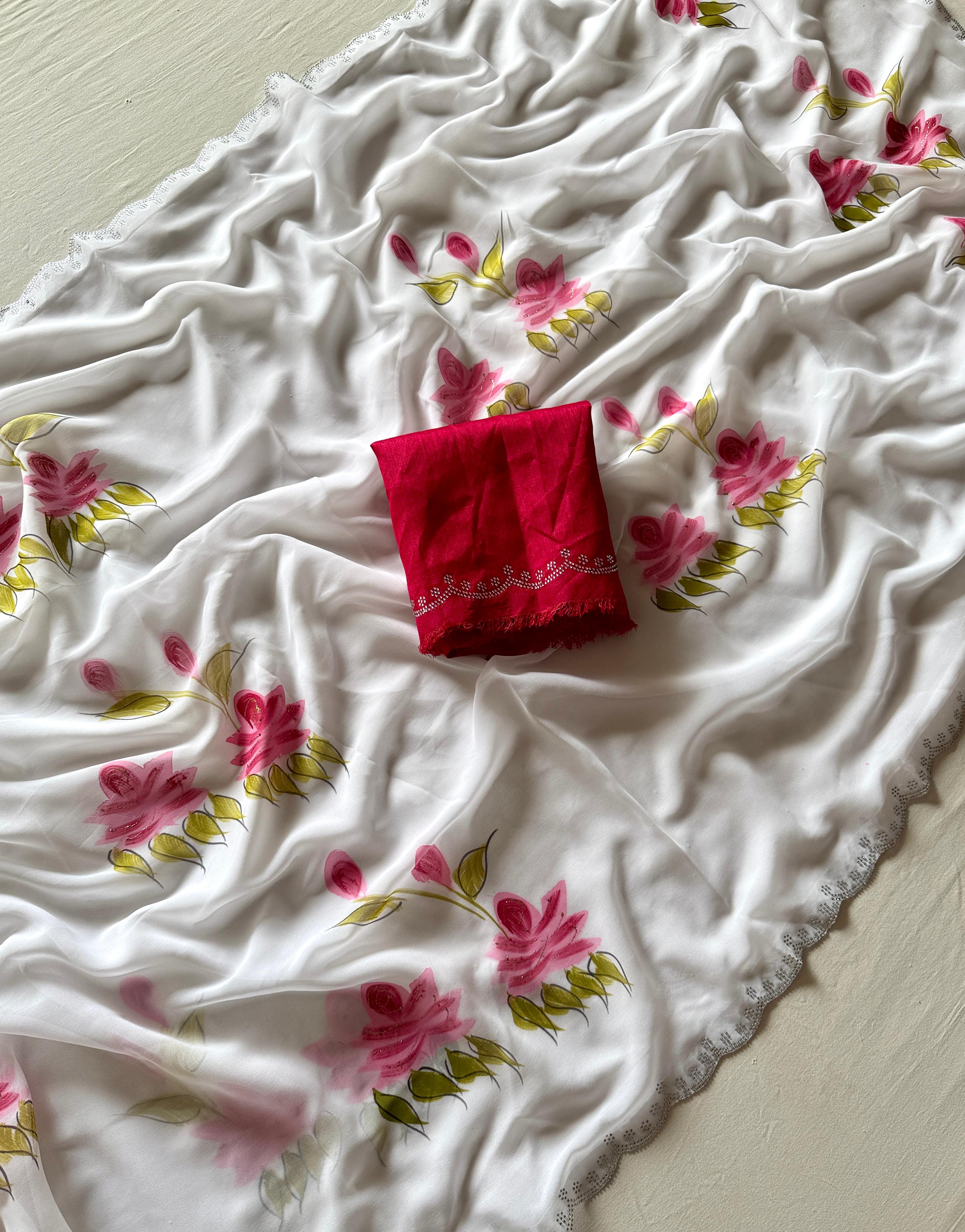 Beautiful Wedding Wear  Soft Georgette Fabric With Lotus Handbrush Print With Siroski Cutwork Bordar And Contrast Art Silk Blouse