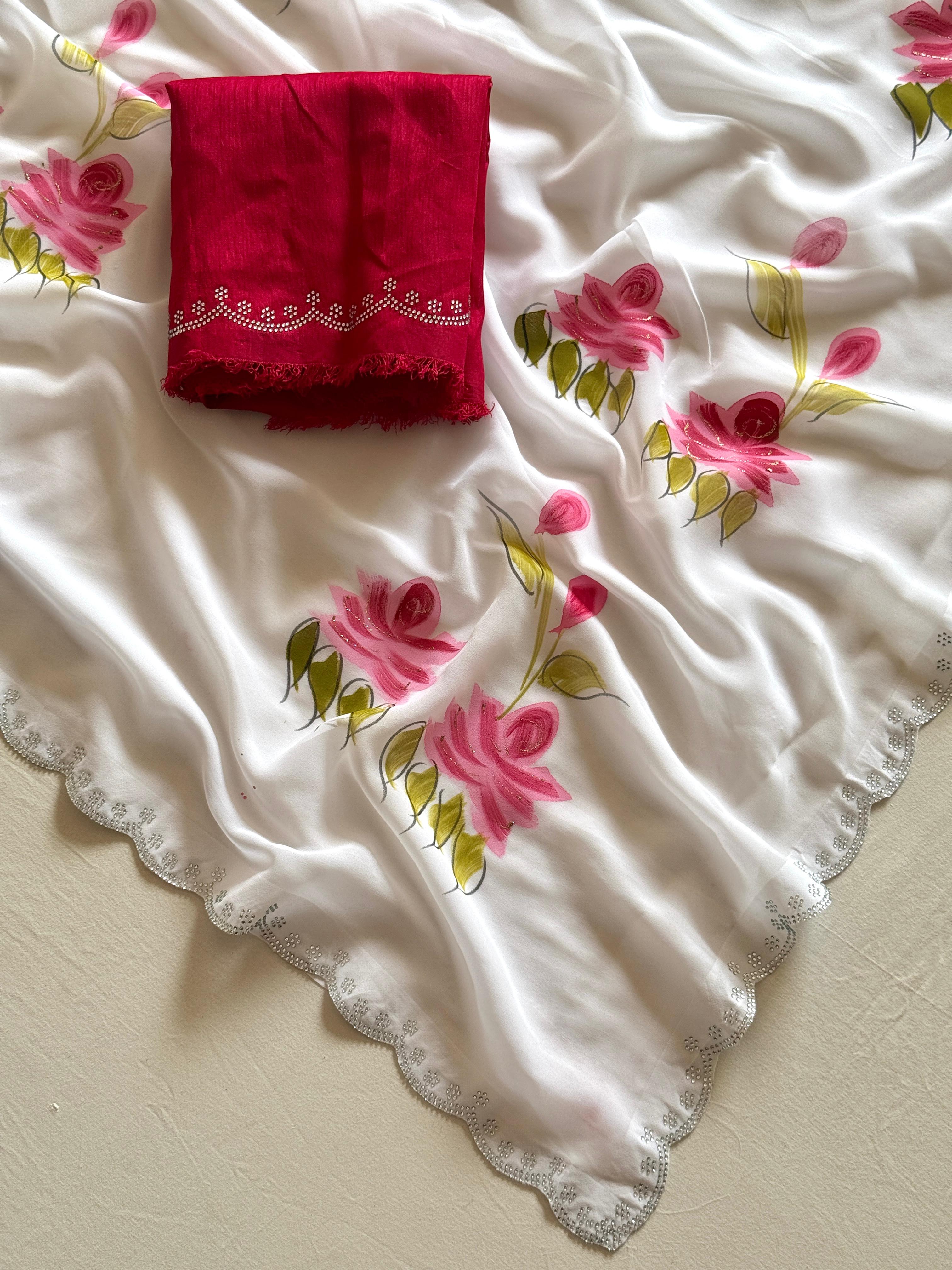 Beautiful Wedding Wear  Soft Georgette Fabric With Lotus Handbrush Print With Siroski Cutwork Bordar And Contrast Art Silk Blouse