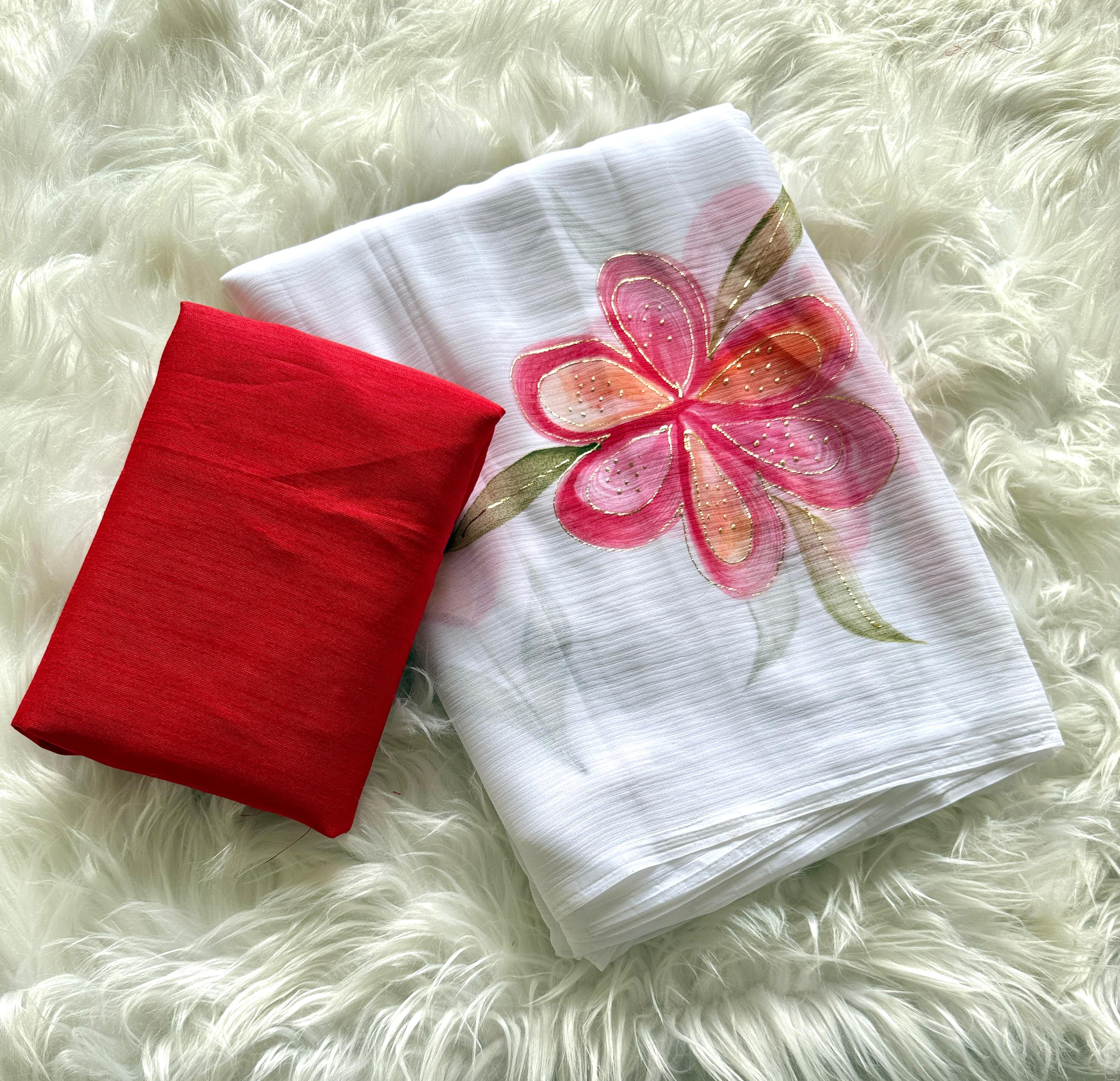 New Partywear  Chiffon Fabric With Beautiful Big Floral Handbrush Print With Golden Foil And Contrast Art Silk Blouse