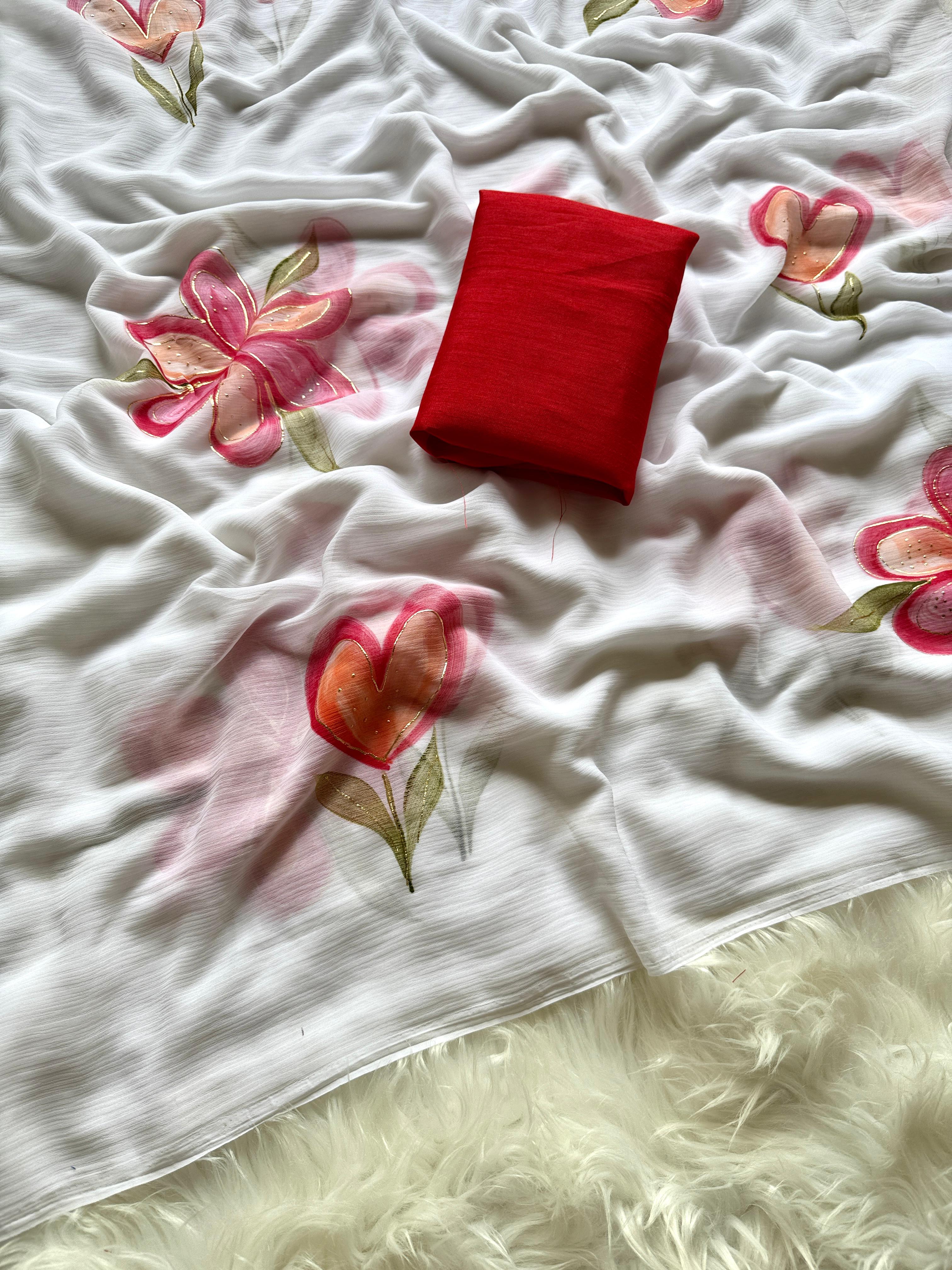 New Partywear  Chiffon Fabric With Beautiful Big Floral Handbrush Print With Golden Foil And Contrast Art Silk Blouse