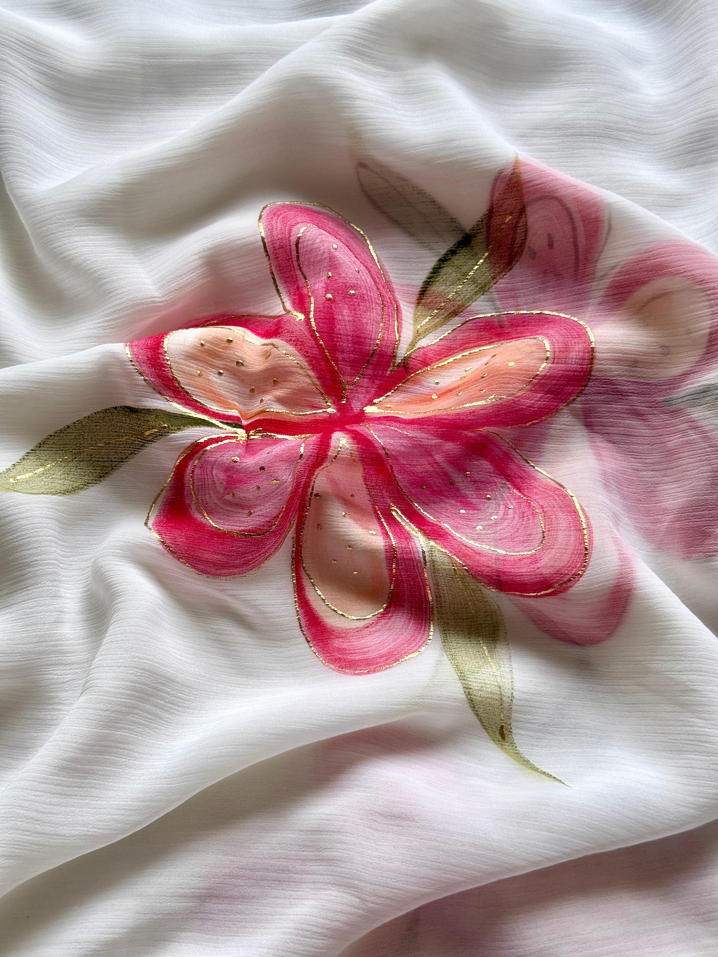 New Partywear  Chiffon Fabric With Beautiful Big Floral Handbrush Print With Golden Foil And Contrast Art Silk Blouse