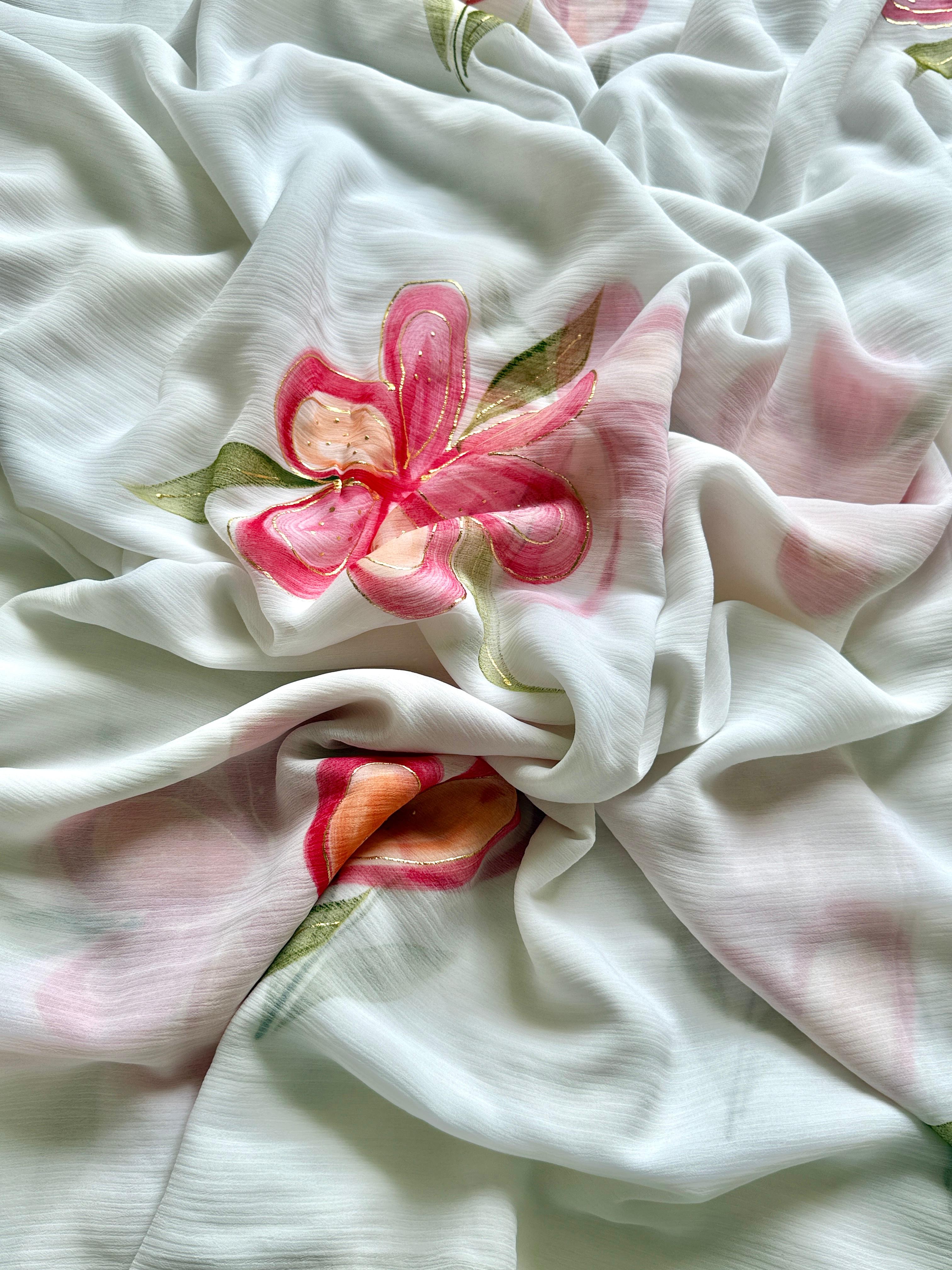New Partywear  Chiffon Fabric With Beautiful Big Floral Handbrush Print With Golden Foil And Contrast Art Silk Blouse
