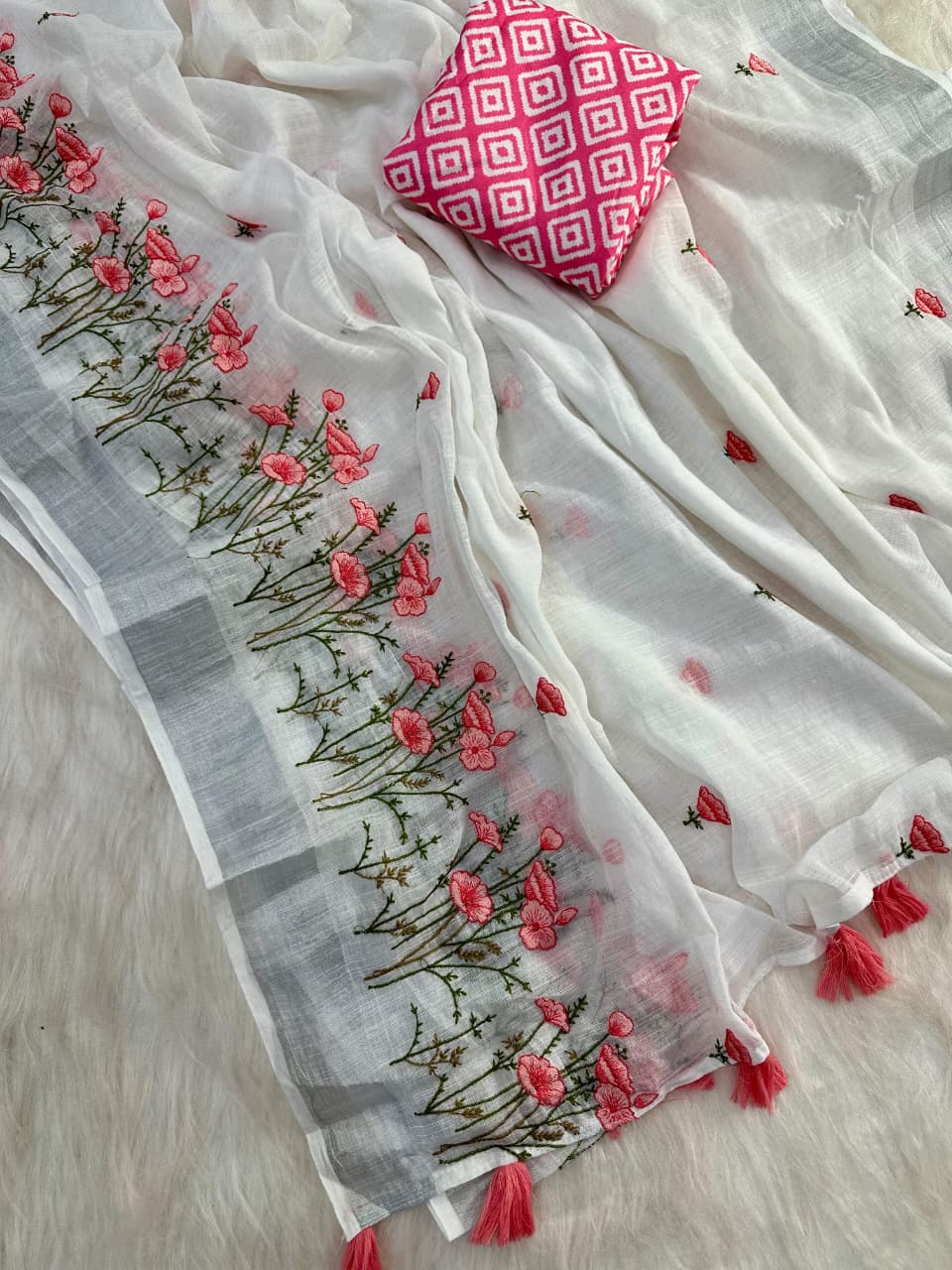 New Function Wear White Premium Linen Cotton Embroidery Saree With Blouse