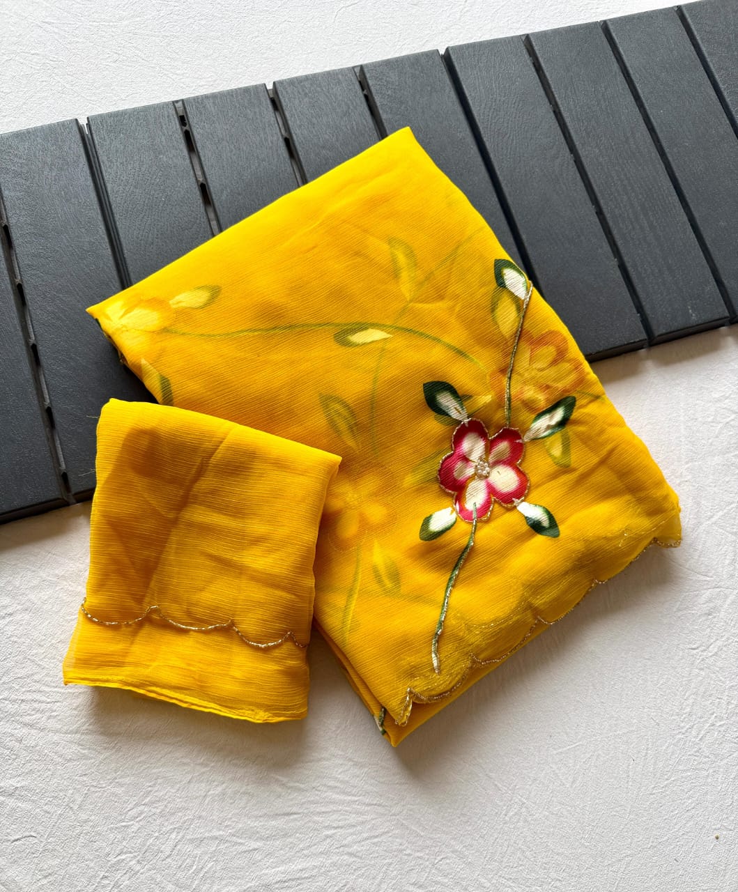 Beautiful Yellow Color Designer Functionwear Pure Chiffon Handbrush Paint Khatli Handwork Saree With Matching Blouse