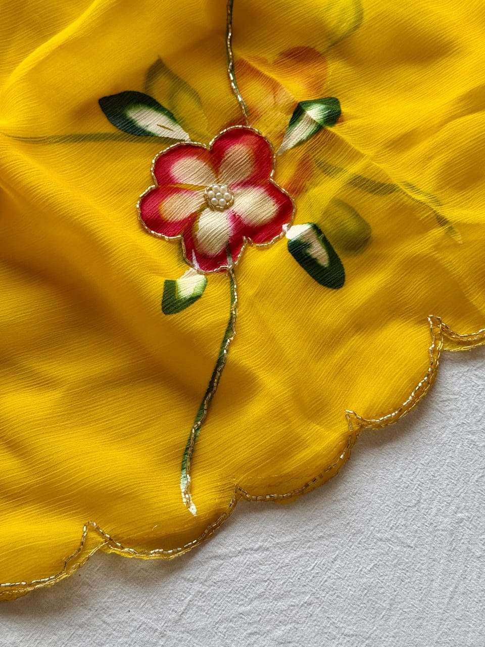 Beautiful Yellow Color Designer Functionwear Pure Chiffon Handbrush Paint Khatli Handwork Saree With Matching Blouse