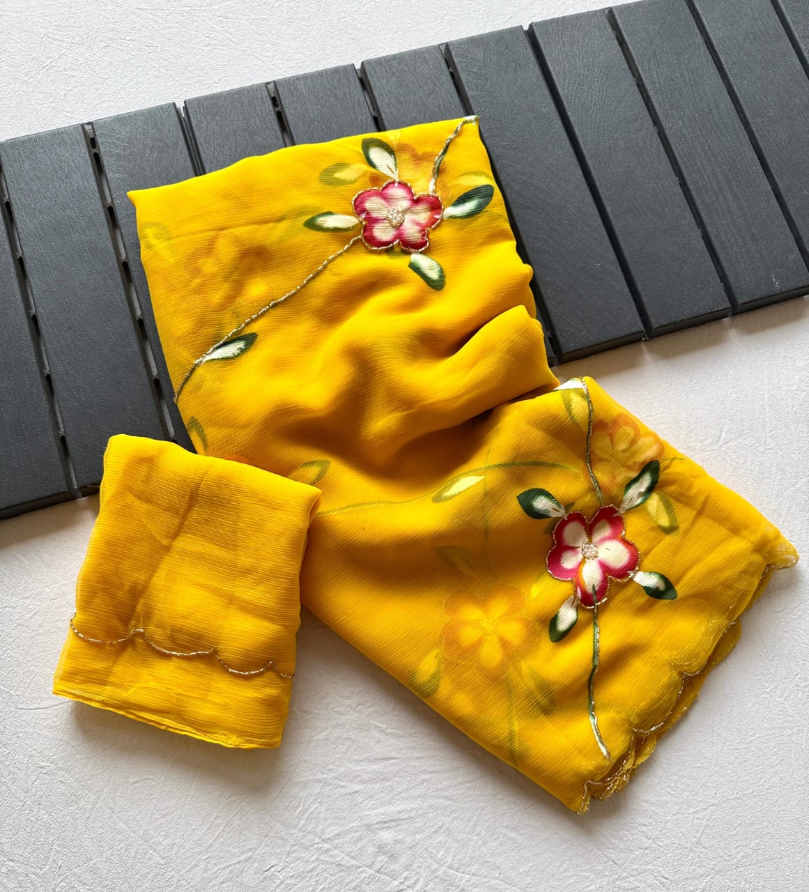 Beautiful Yellow Color Designer Functionwear Pure Chiffon Handbrush Paint Khatli Handwork Saree With Matching Blouse