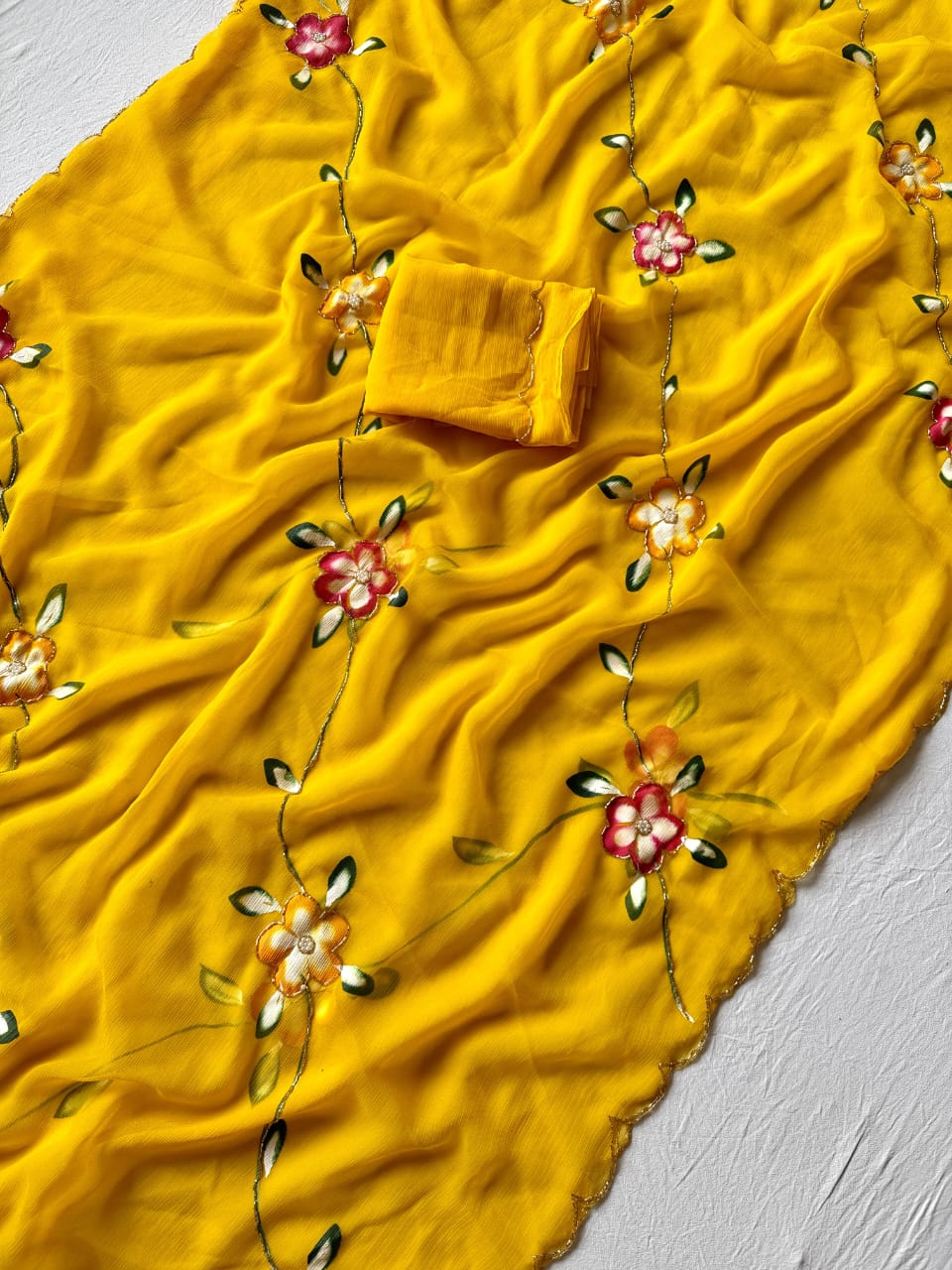 Beautiful Yellow Color Designer Functionwear Pure Chiffon Handbrush Paint Khatli Handwork Saree With Matching Blouse
