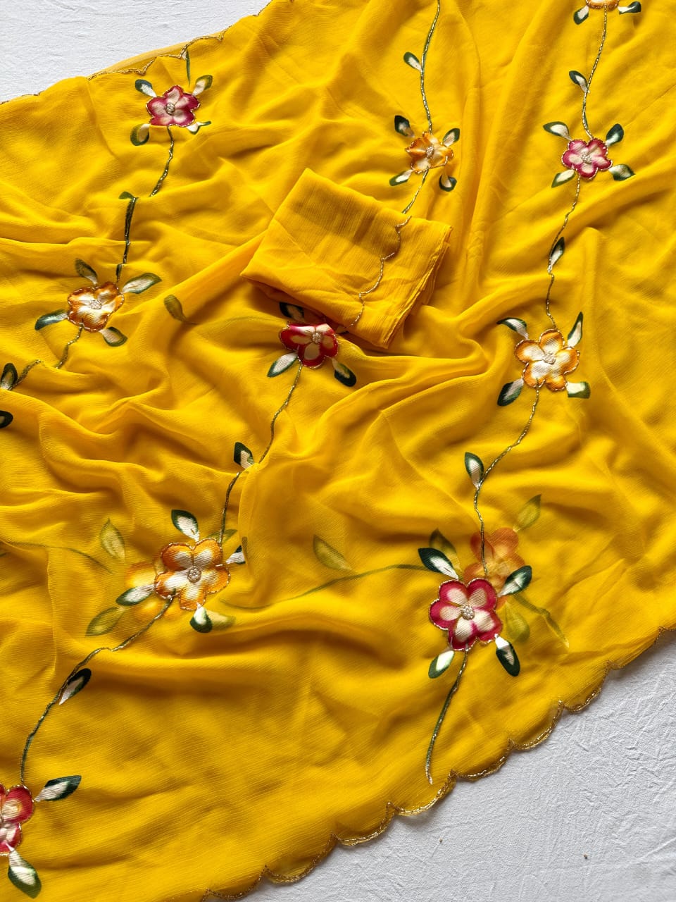 Beautiful Yellow Color Designer Functionwear Pure Chiffon Handbrush Paint Khatli Handwork Saree With Matching Blouse