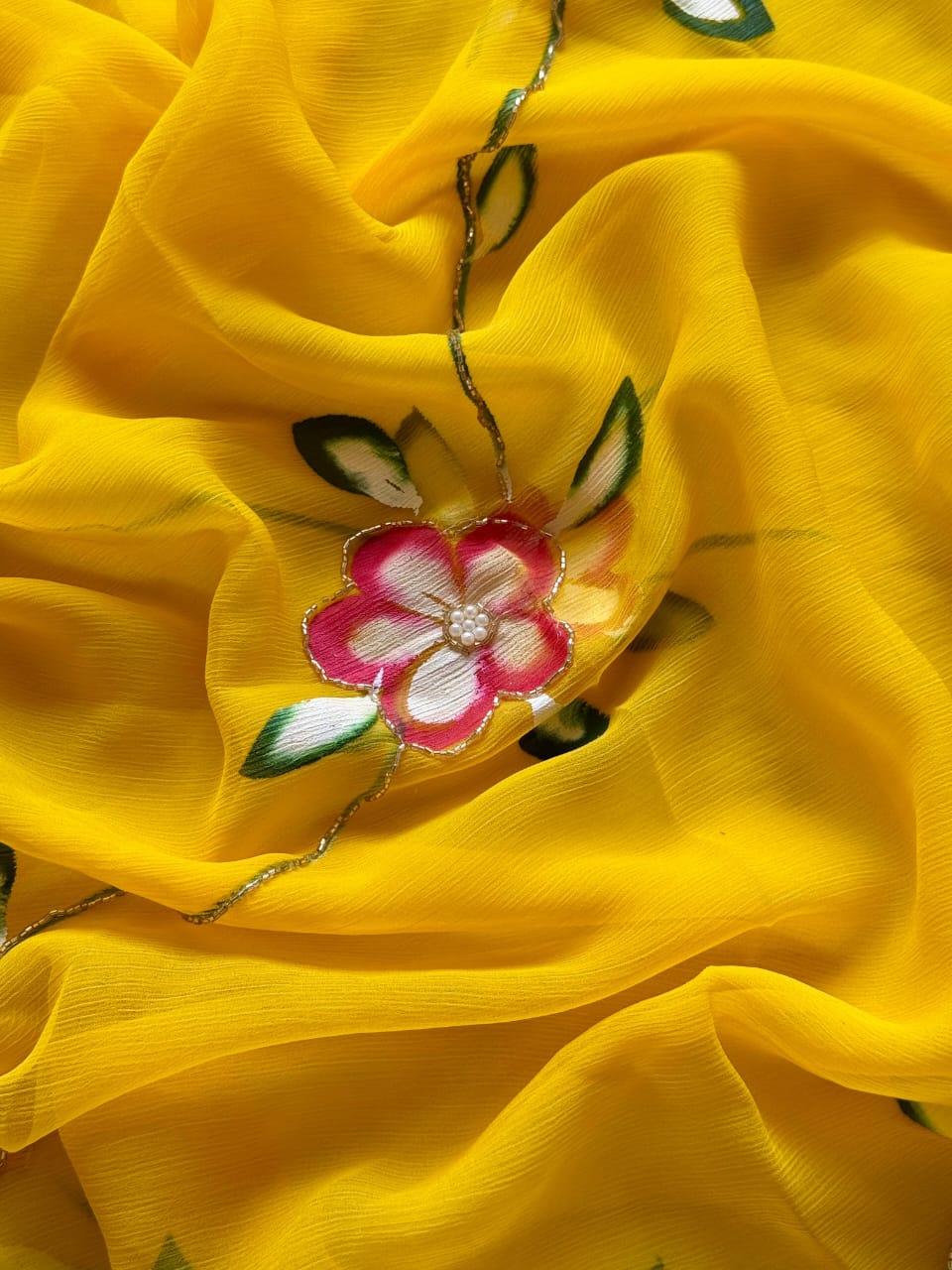 Beautiful Yellow Color Designer Functionwear Pure Chiffon Handbrush Paint Khatli Handwork Saree With Matching Blouse