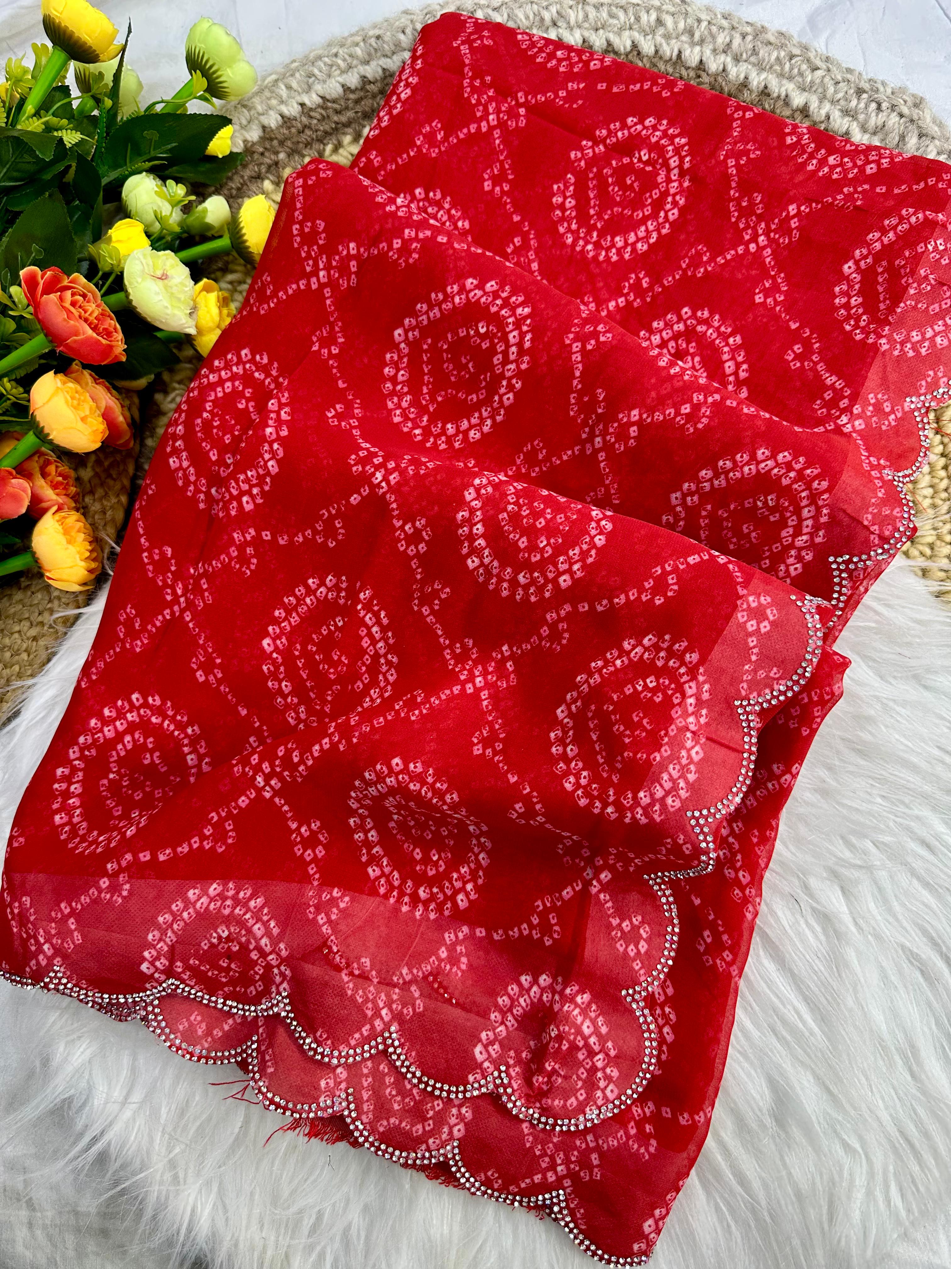 New Beautiful Premium Georgette Siroski Border Bandhani Digital Print Saree