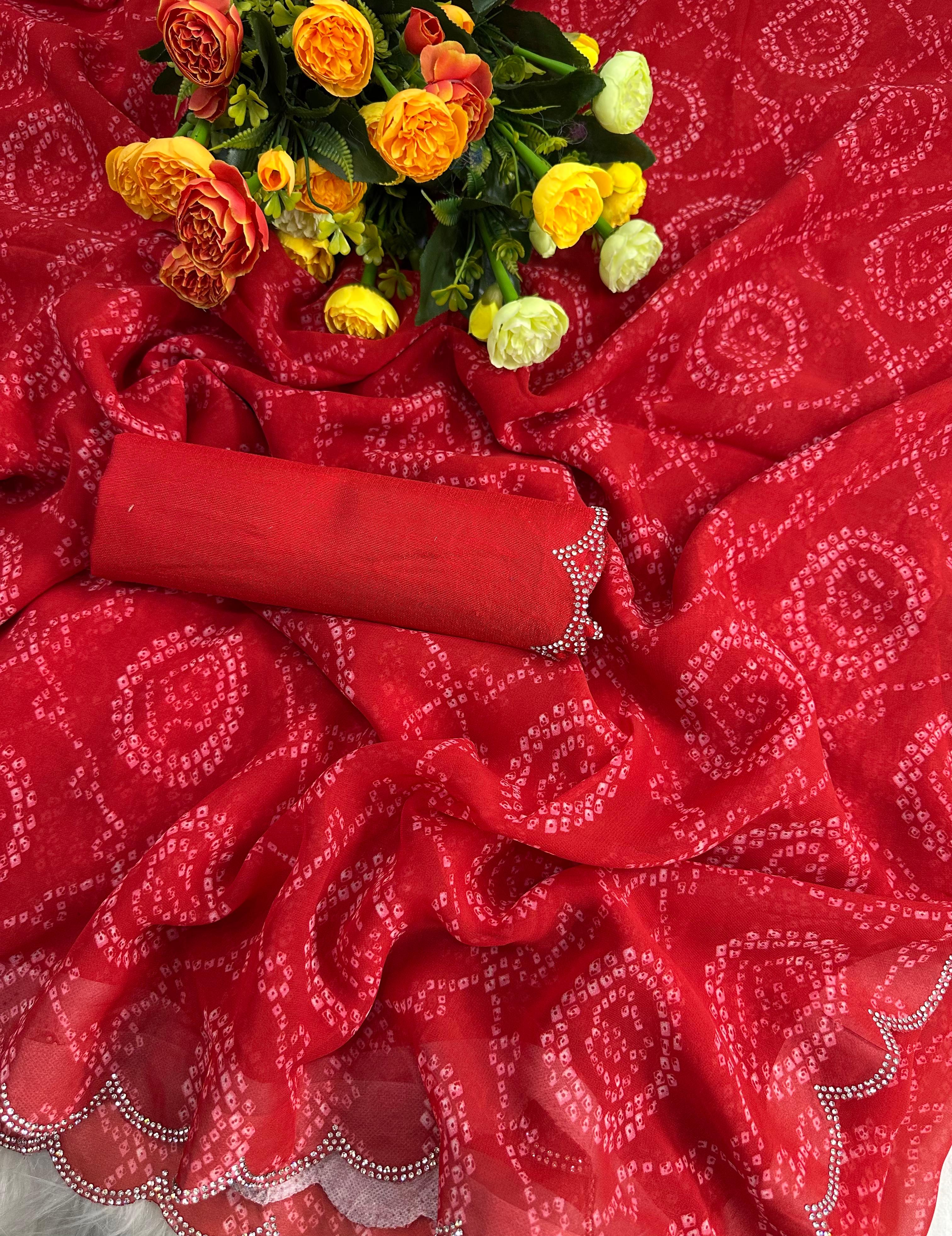 New Beautiful Premium Georgette Siroski Border Bandhani Digital Print Saree