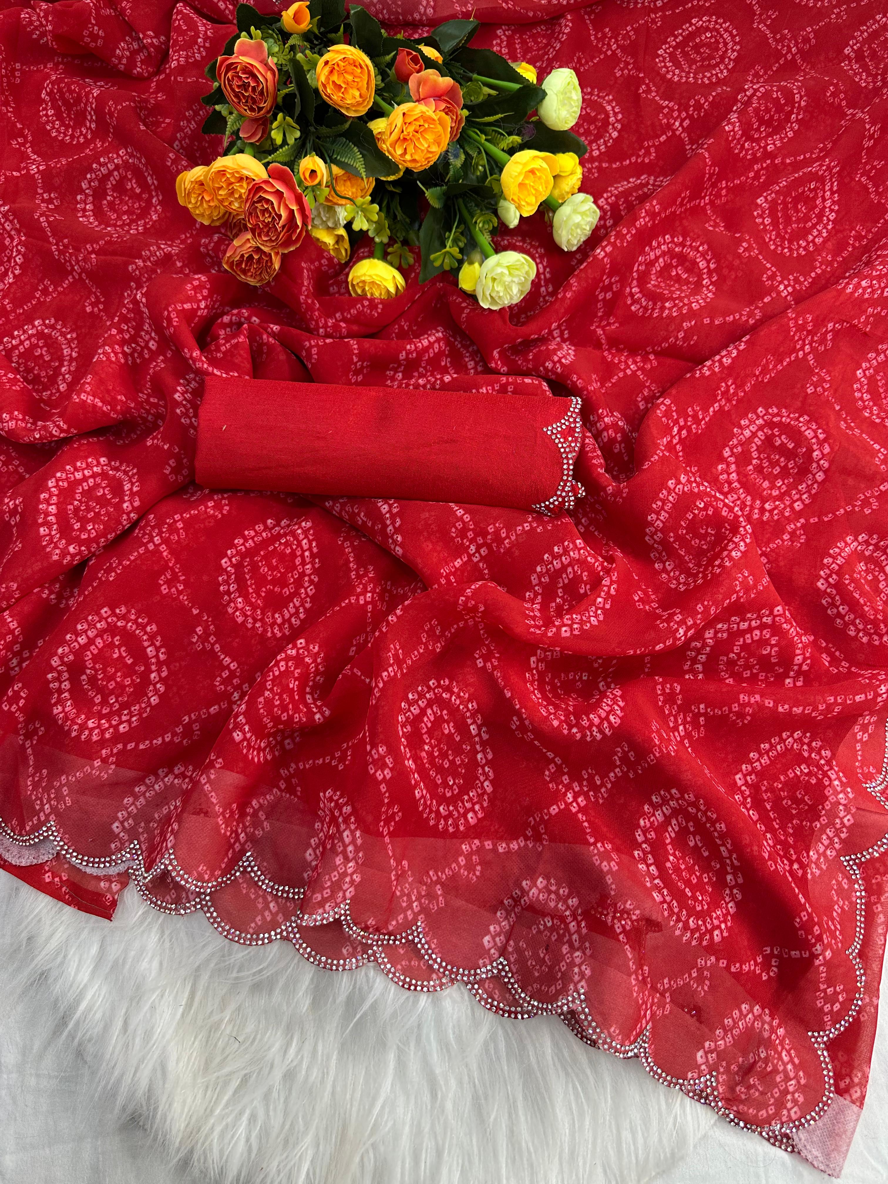 New Beautiful Premium Georgette Siroski Border Bandhani Digital Print Saree