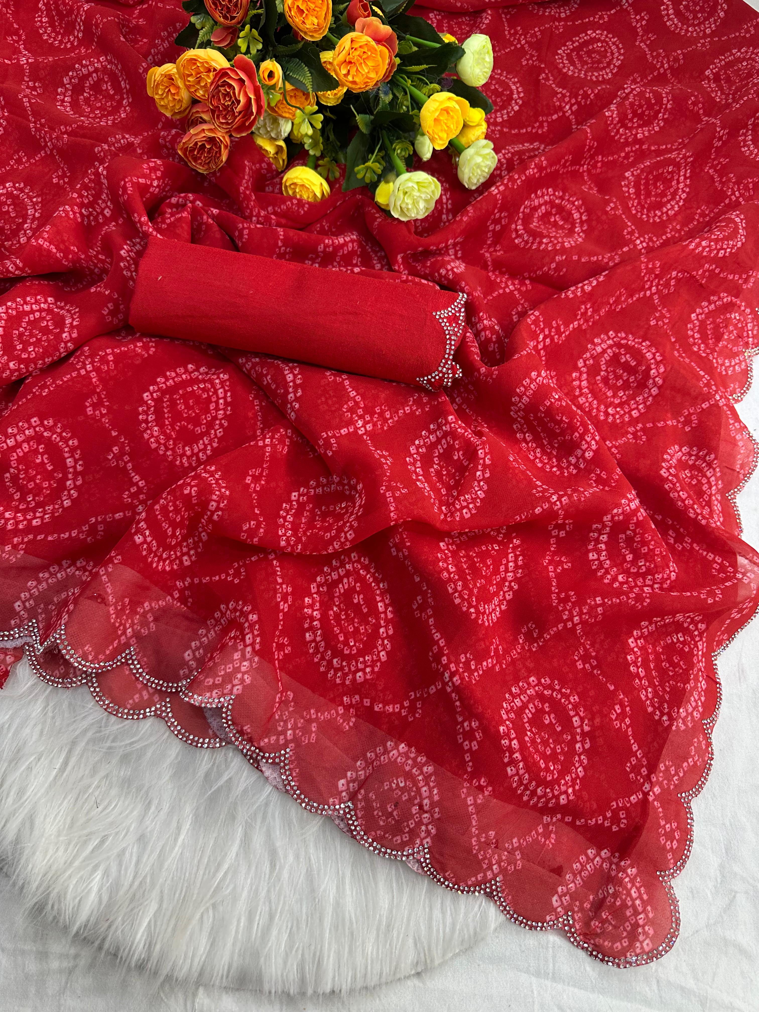 New Beautiful Premium Georgette Siroski Border Bandhani Digital Print Saree