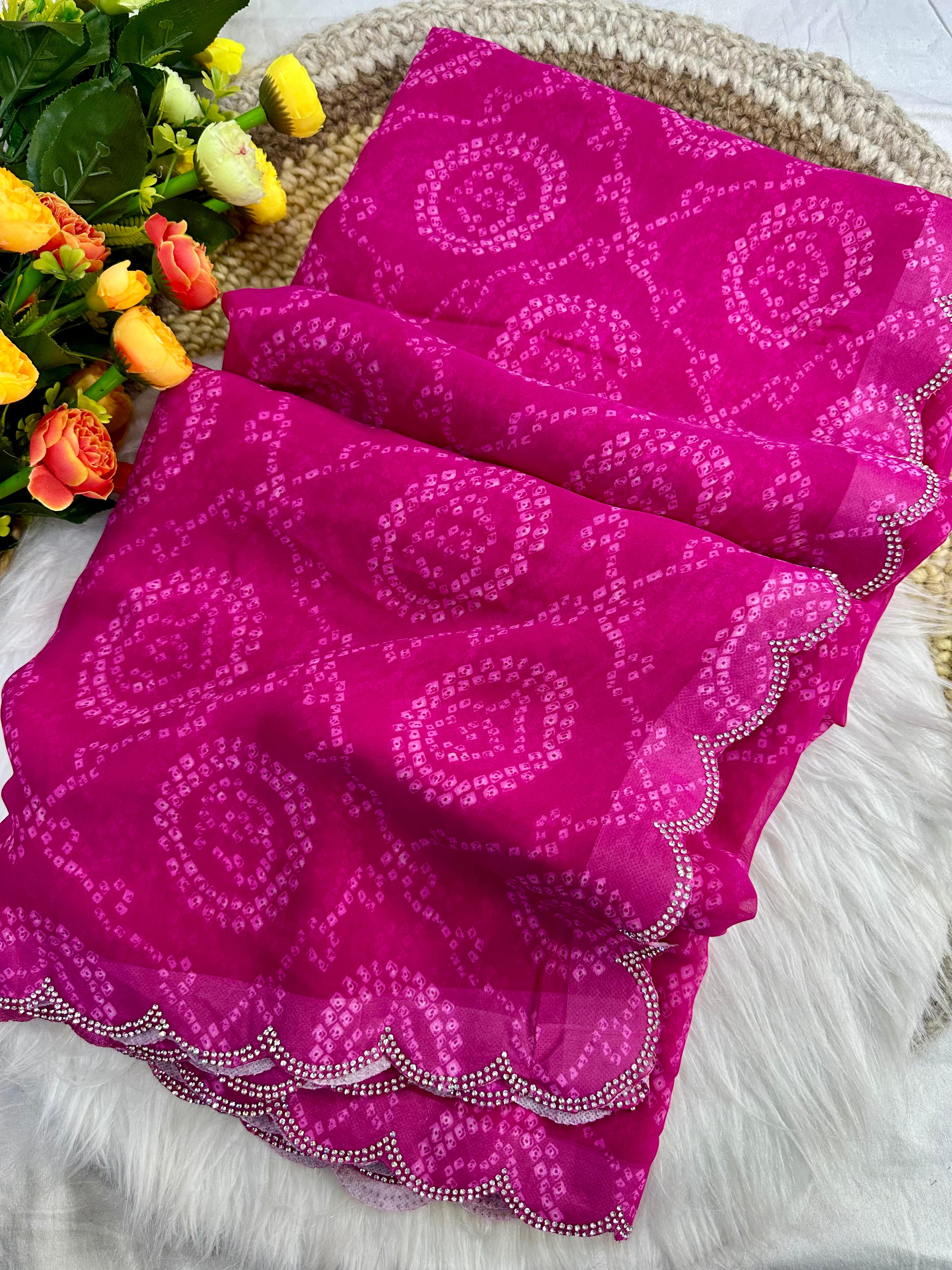 New Beautiful Premium Georgette Siroski Border Bandhani Digital Print Saree