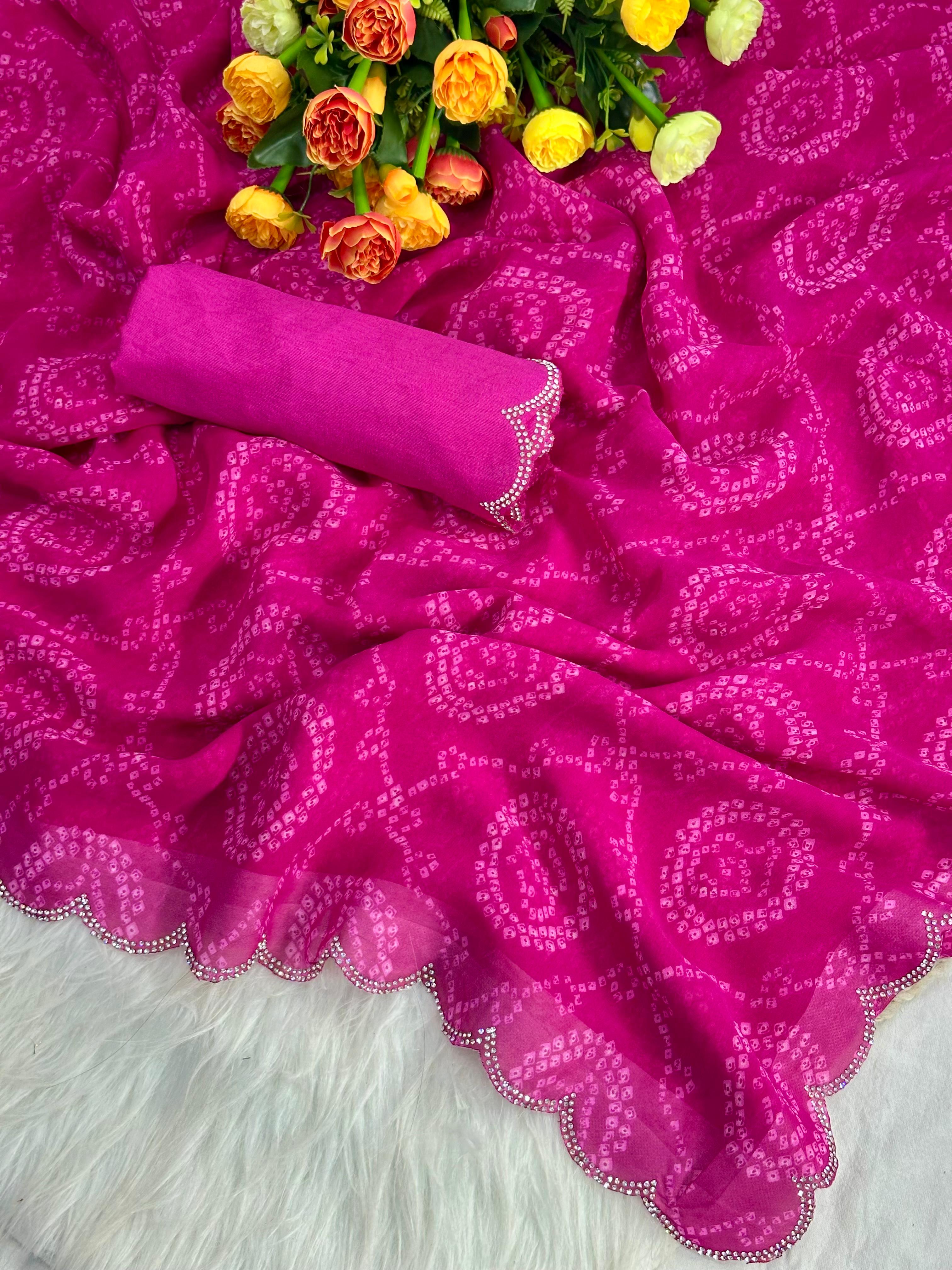 New Beautiful Premium Georgette Siroski Border Bandhani Digital Print Saree