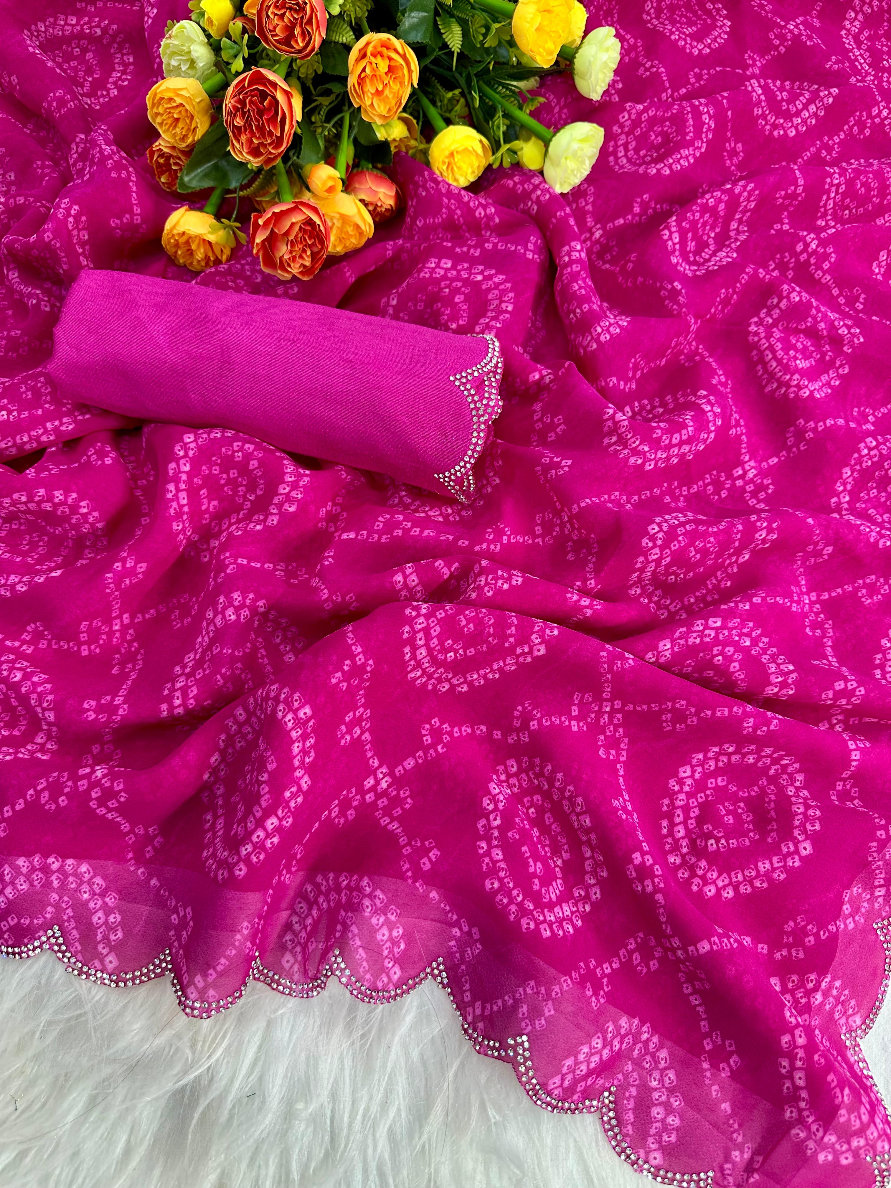 New Beautiful Premium Georgette Siroski Border Bandhani Digital Print Saree