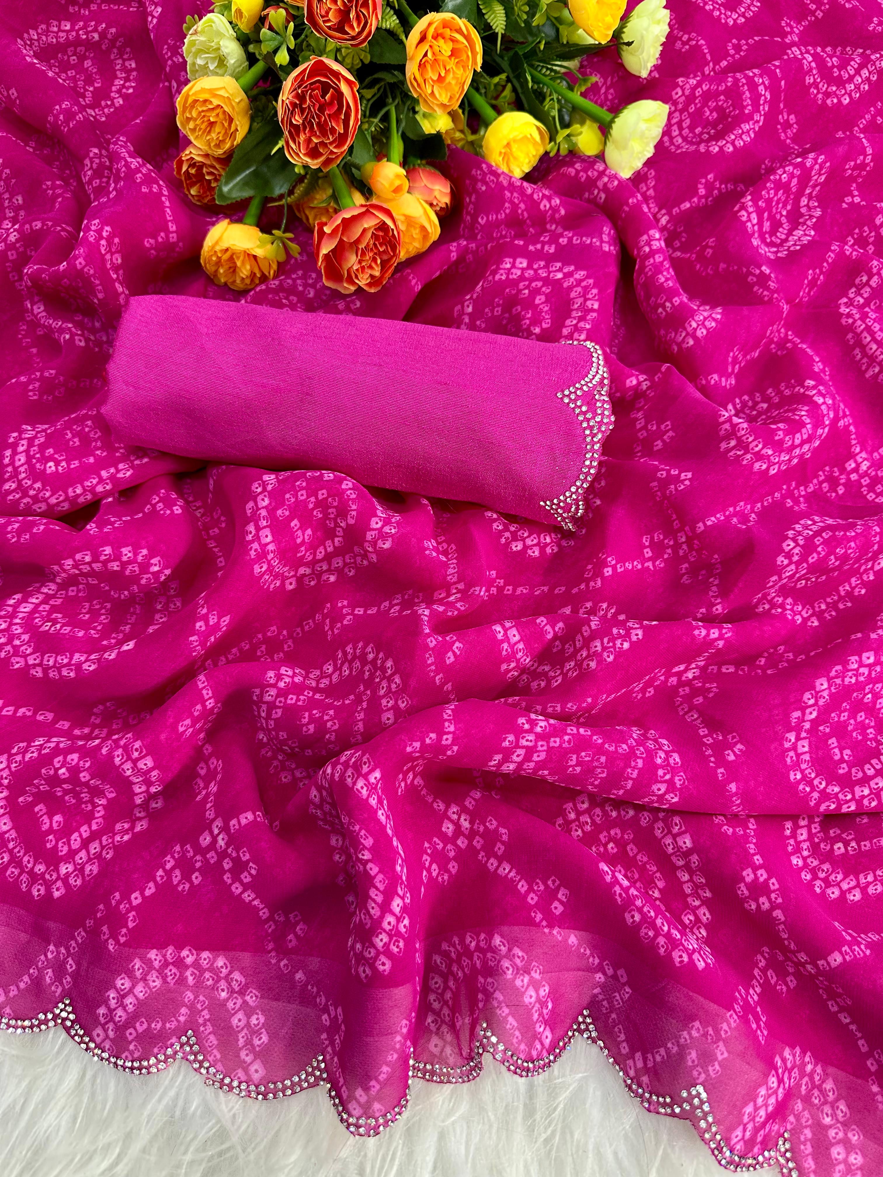 New Beautiful Premium Georgette Siroski Border Bandhani Digital Print Saree