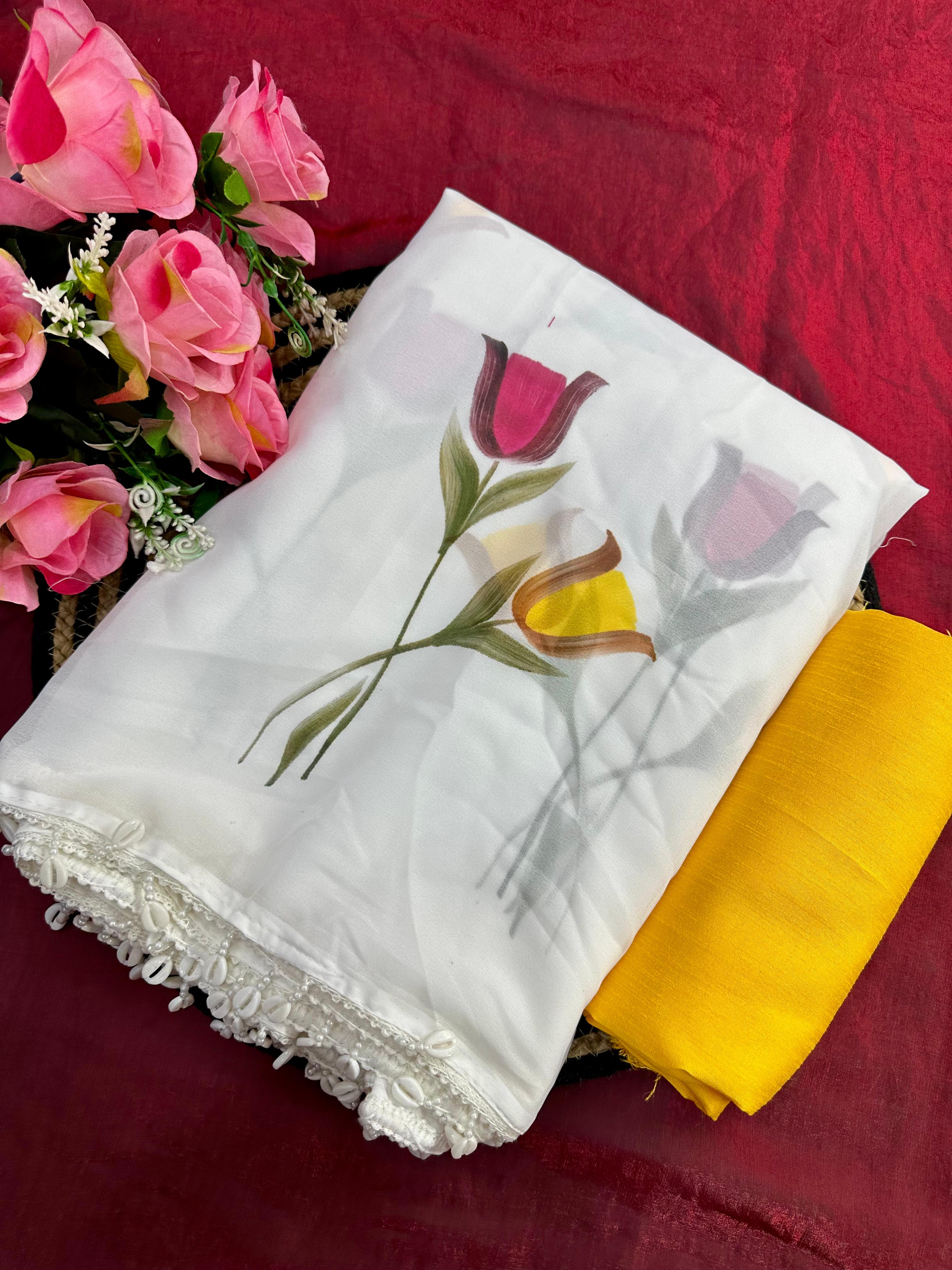 New Partywear Georgette Fabric With Beautiful Print Lace Bordar With Contrast Art Silk Blouse