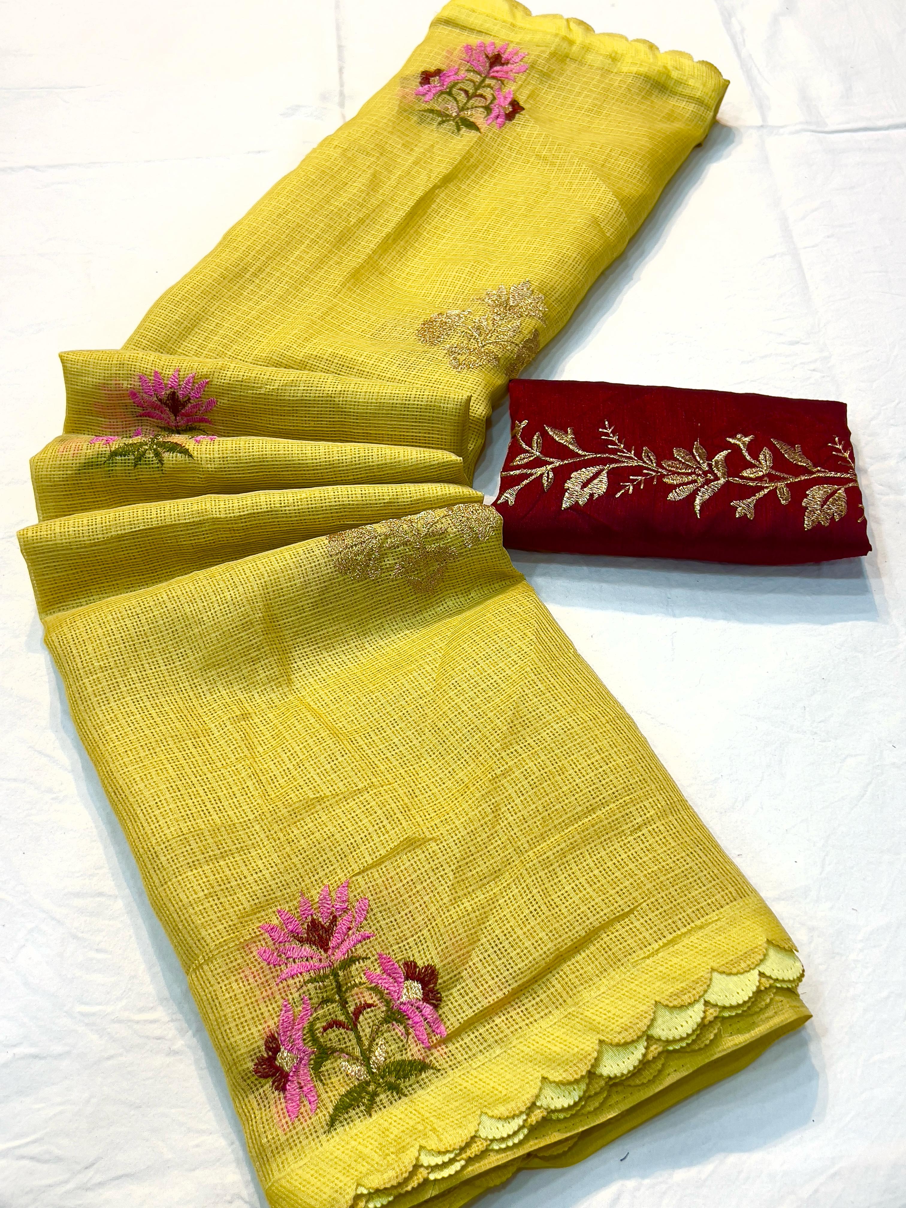 New Partywear Kota Doriya Designer Weaving Chex Embroidery Saree