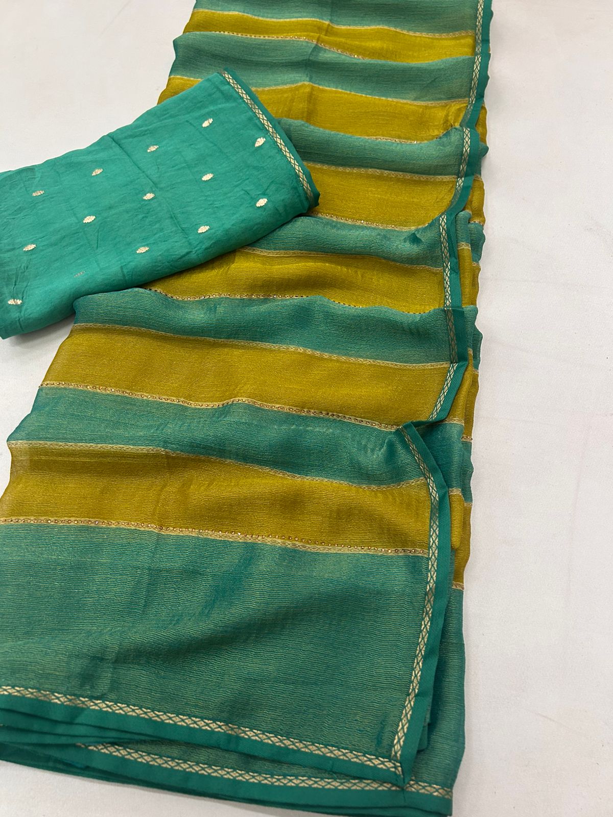 New Partywear Red Fancy Chiffon Georgette Saree with multi tone stipes allover stone drop work lines  Blouse as shown